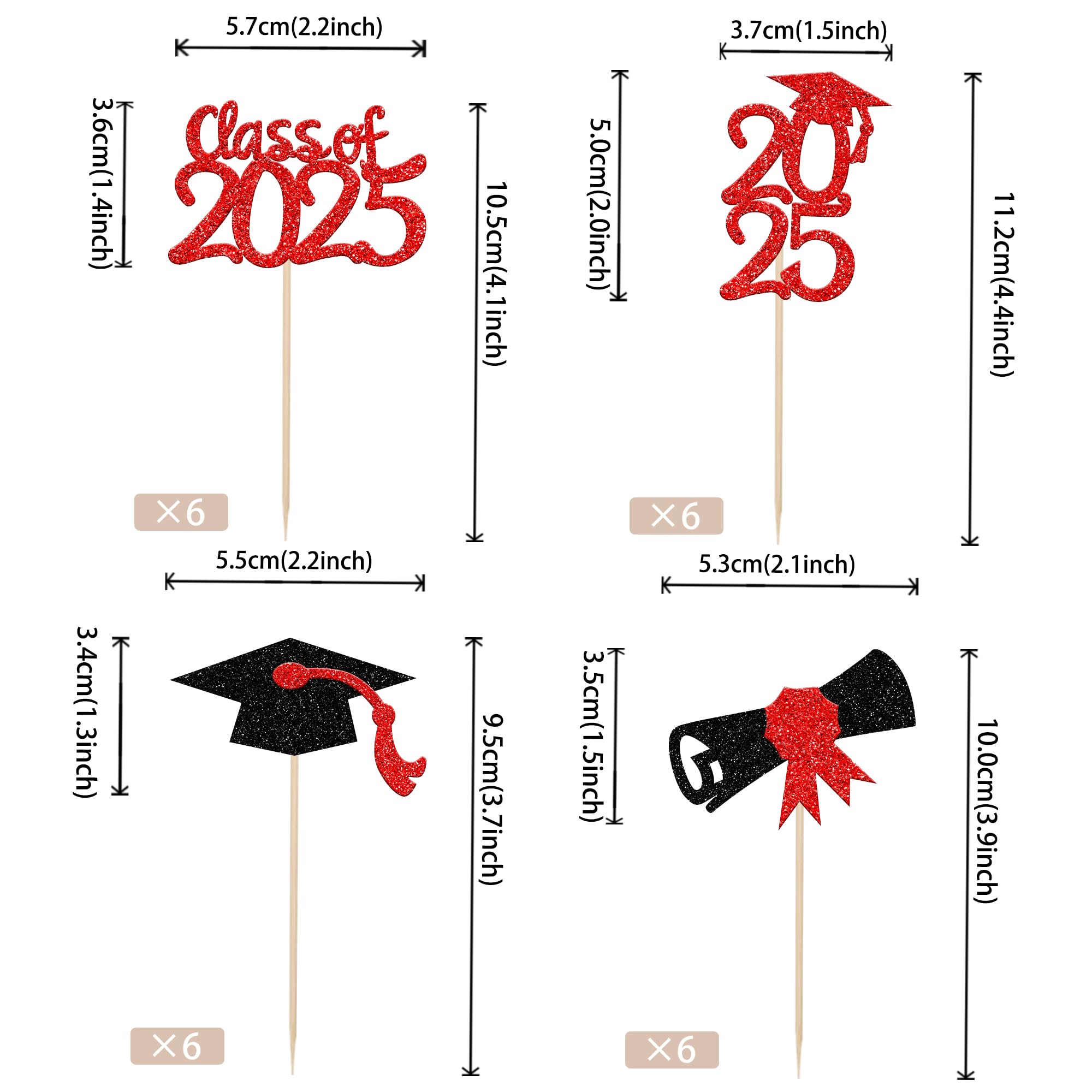 36 PCS Class of 2025 Cupcake Toppers Glitter 2025 Graduation Cap Cupcake Picks Diploma Cake Decorations for 2025 Graduation Theme Party Supplies Red