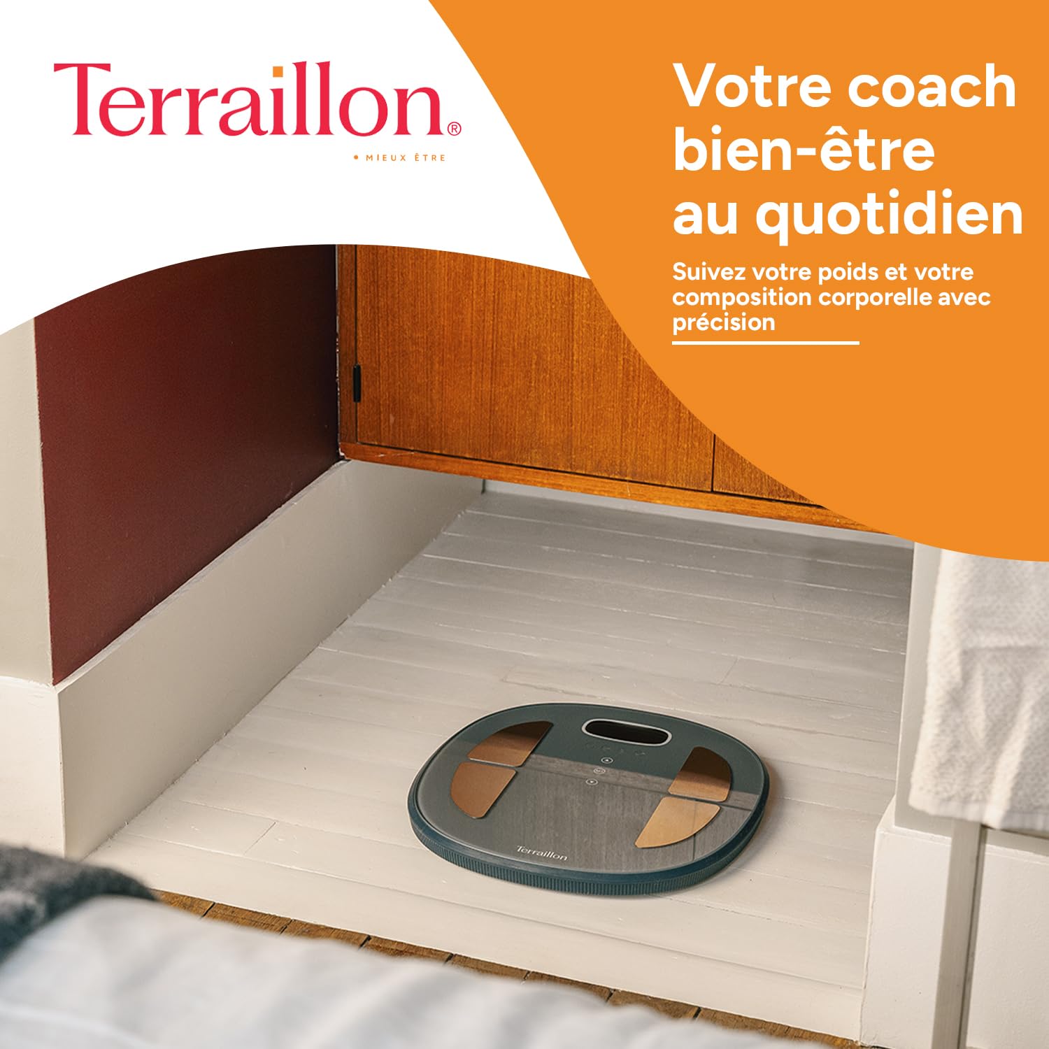 TERRAILLON Pèse Personne POP COLOR COACH Impédencemètre Complet - IMC - 8 Utilisateurs - Code Couleur pour Interpréter l'IMC et la Variation de Poids - Capacité 160Kg - Brun