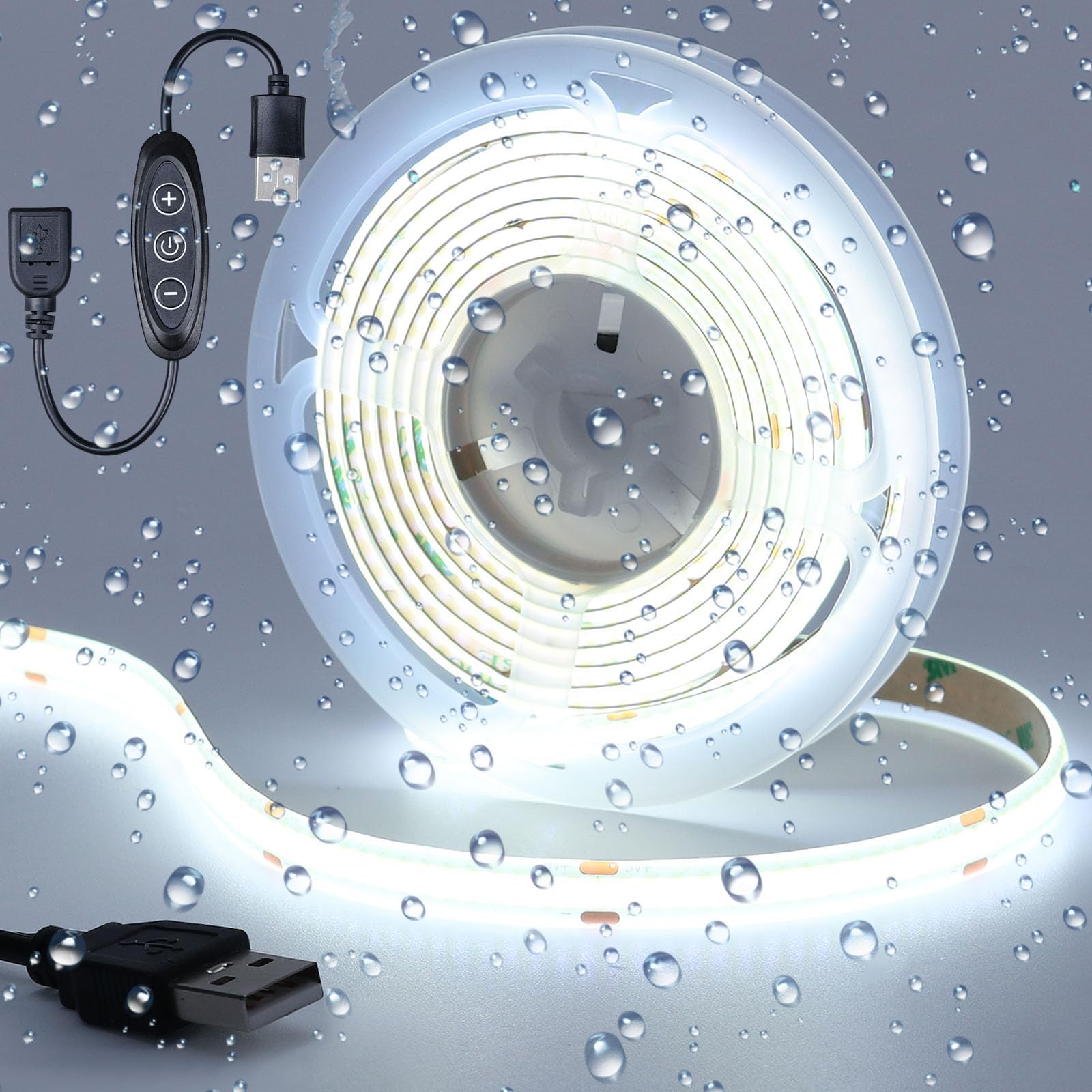DC 5V USB COB LED Strip Light Cool White 6000K Dimmable IP65 Waterproof CRI 93+ USB Powered 6.6ft/2M 640LEDs with Dimmer High Brightness Flexible LED Tape Lights