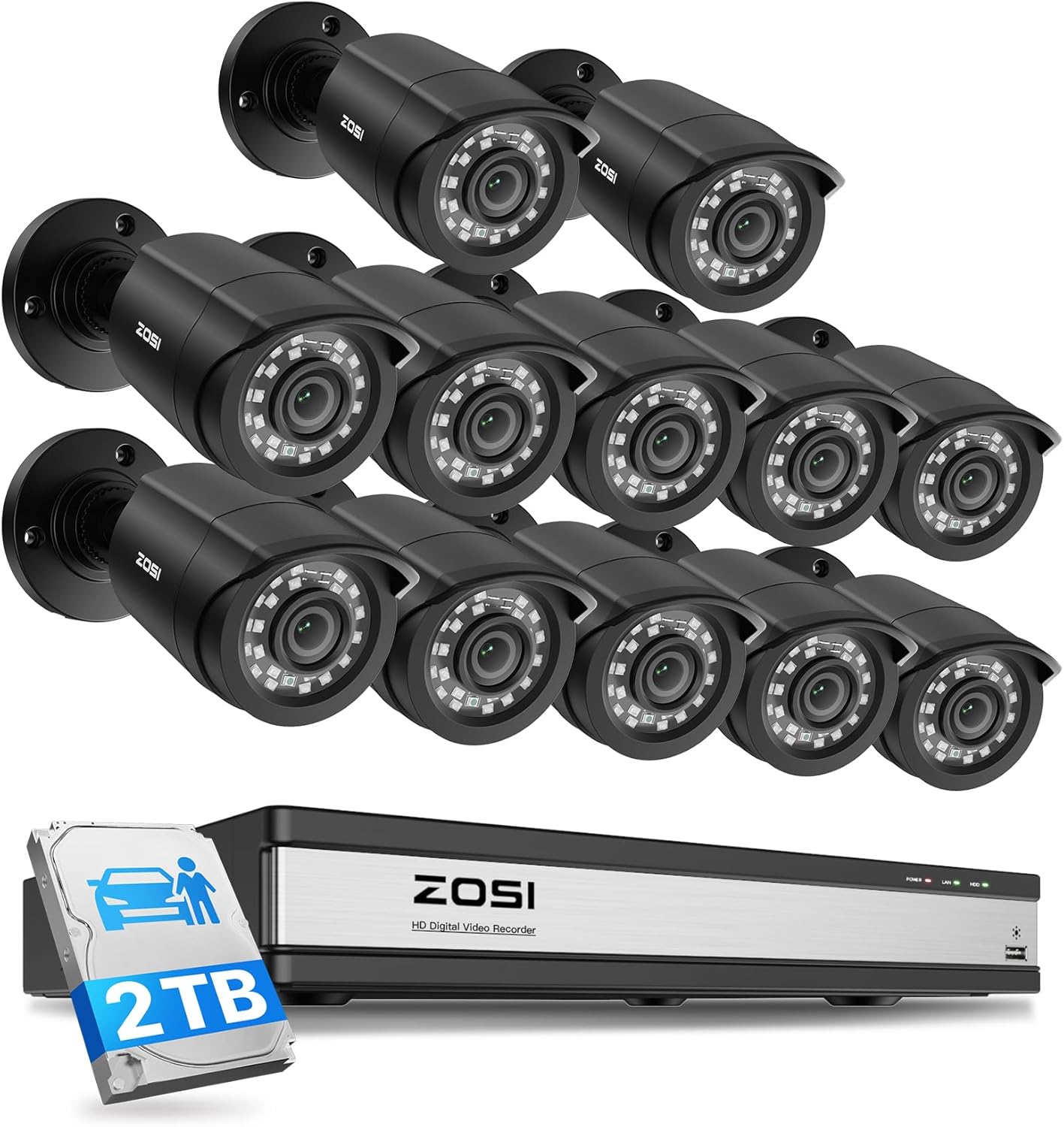 ZOSI 3K Lite 16 Channel Security Camera System Outdoor,AI Human Vehicle Detection,Night Vision,12pcs 2MP Weatherproof Surveillance Camera,H.265+ 16CH 1080P CCTV DVR with 2TB HDD for 24/7 Recording