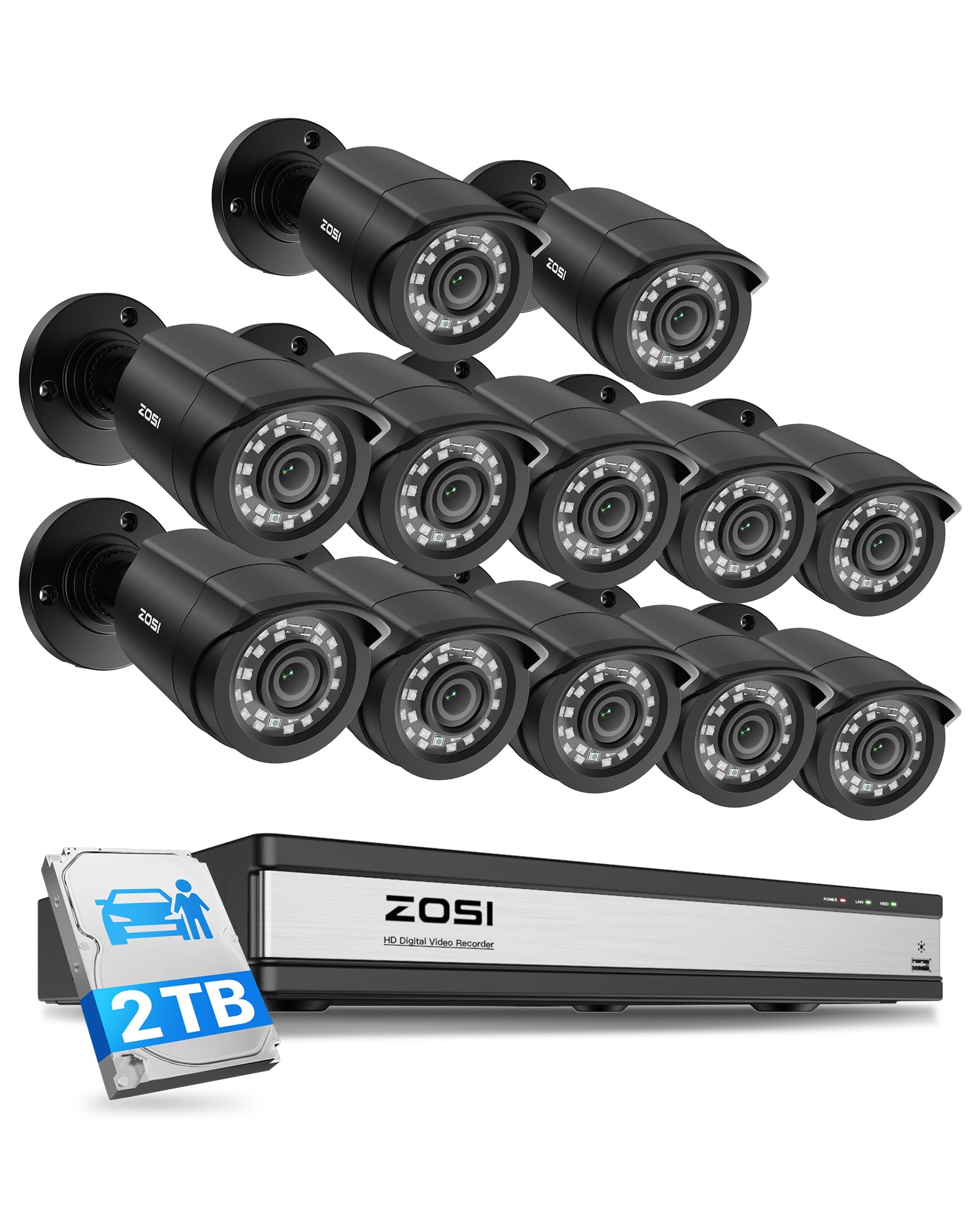 ZOSI 3K Lite 16 Channel Security Camera System Outdoor,AI Human Vehicle Detection,Night Vision,12pcs 2MP Weatherproof Surveillance Camera,H.265+ 16CH