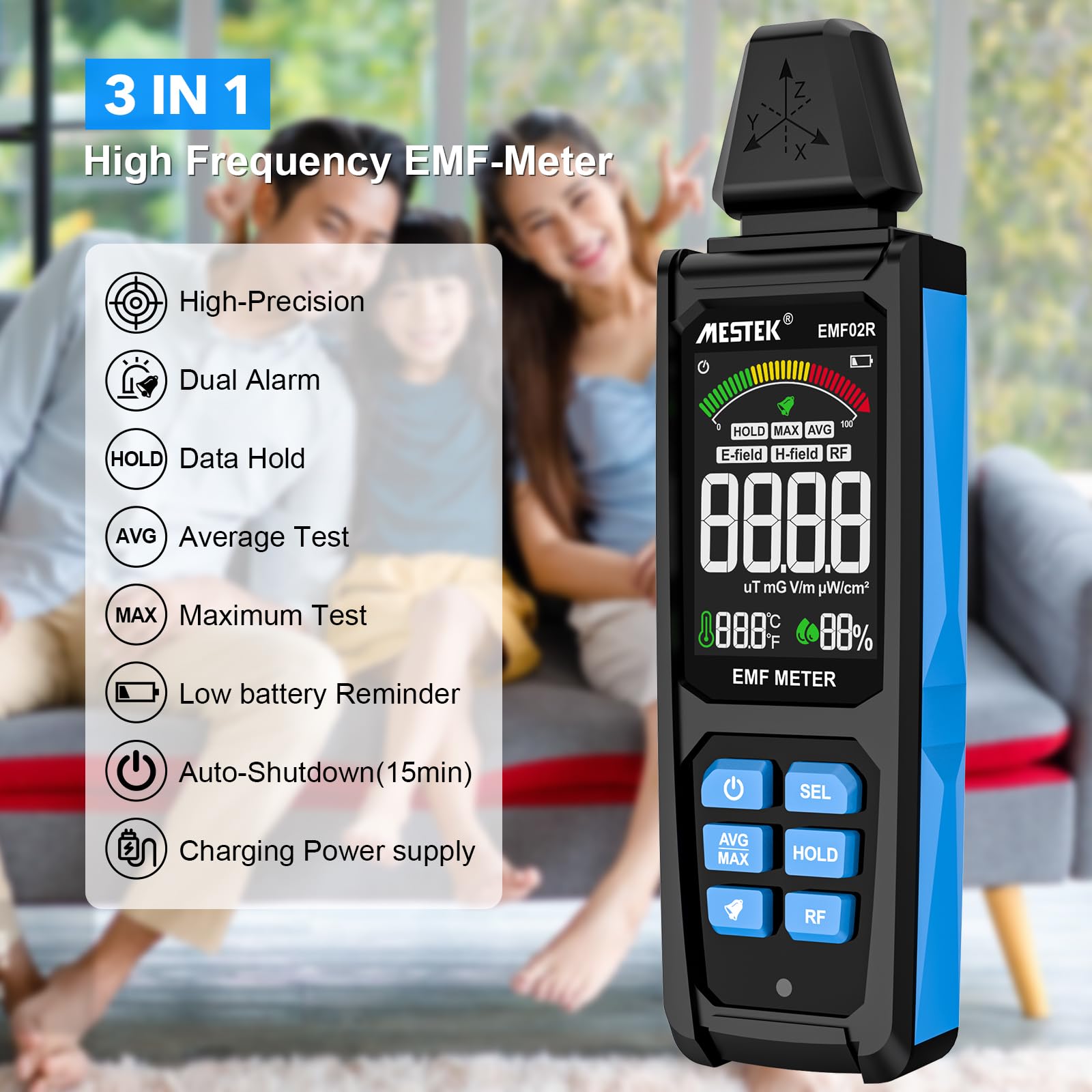 EMF Messgerät MESTEK 5-in-1 EF/MF/Radio-Frequenz EMF Meter, Elektromagnetische Felder Hochfrequenzfeld Strahlung Messgerät, mit Digitaler LCD Wiederaufladbarer für Zuhause, Büro und Outdoor