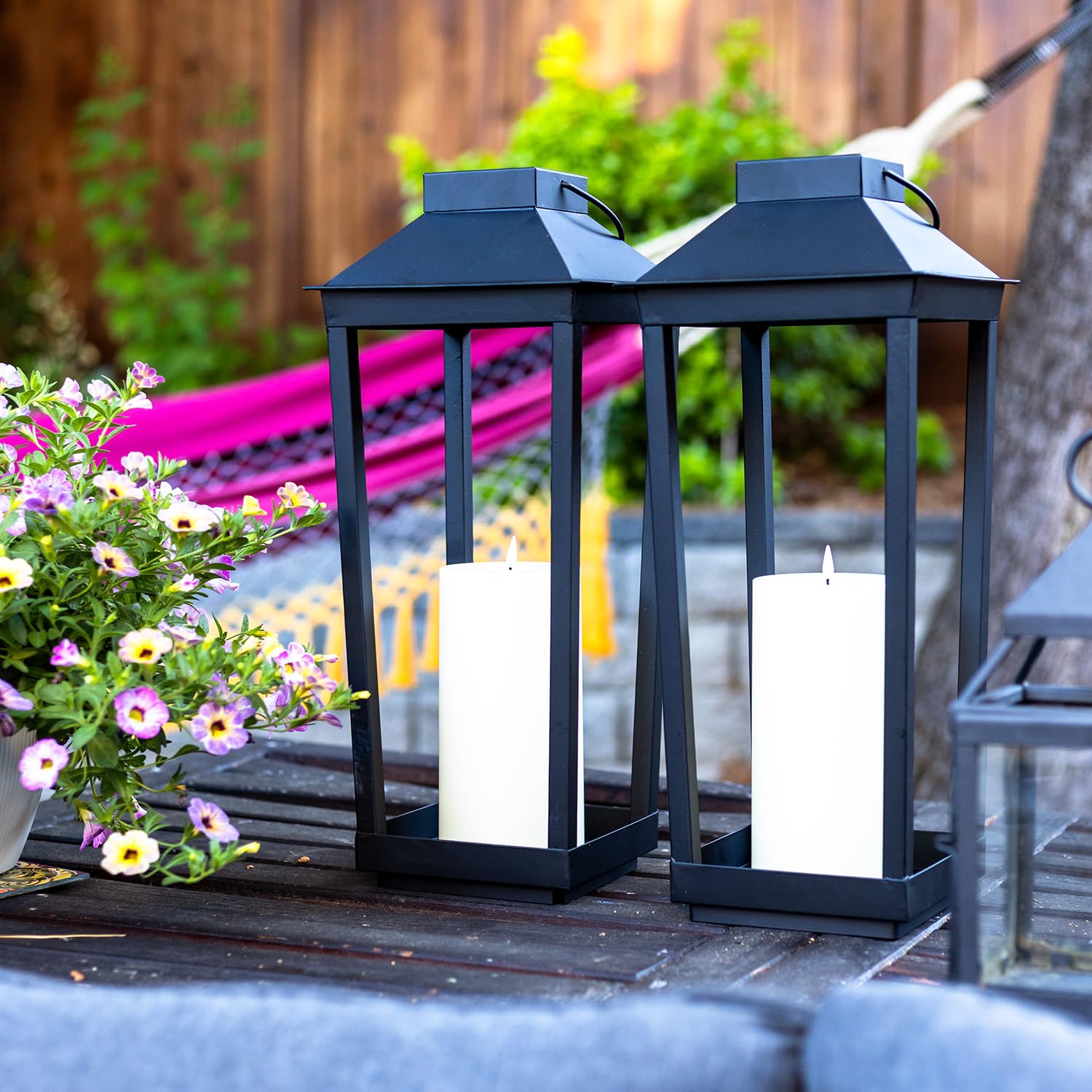 Large Outdoor Lantern Solar Powered - 19 Inch Tall, Black Metal
