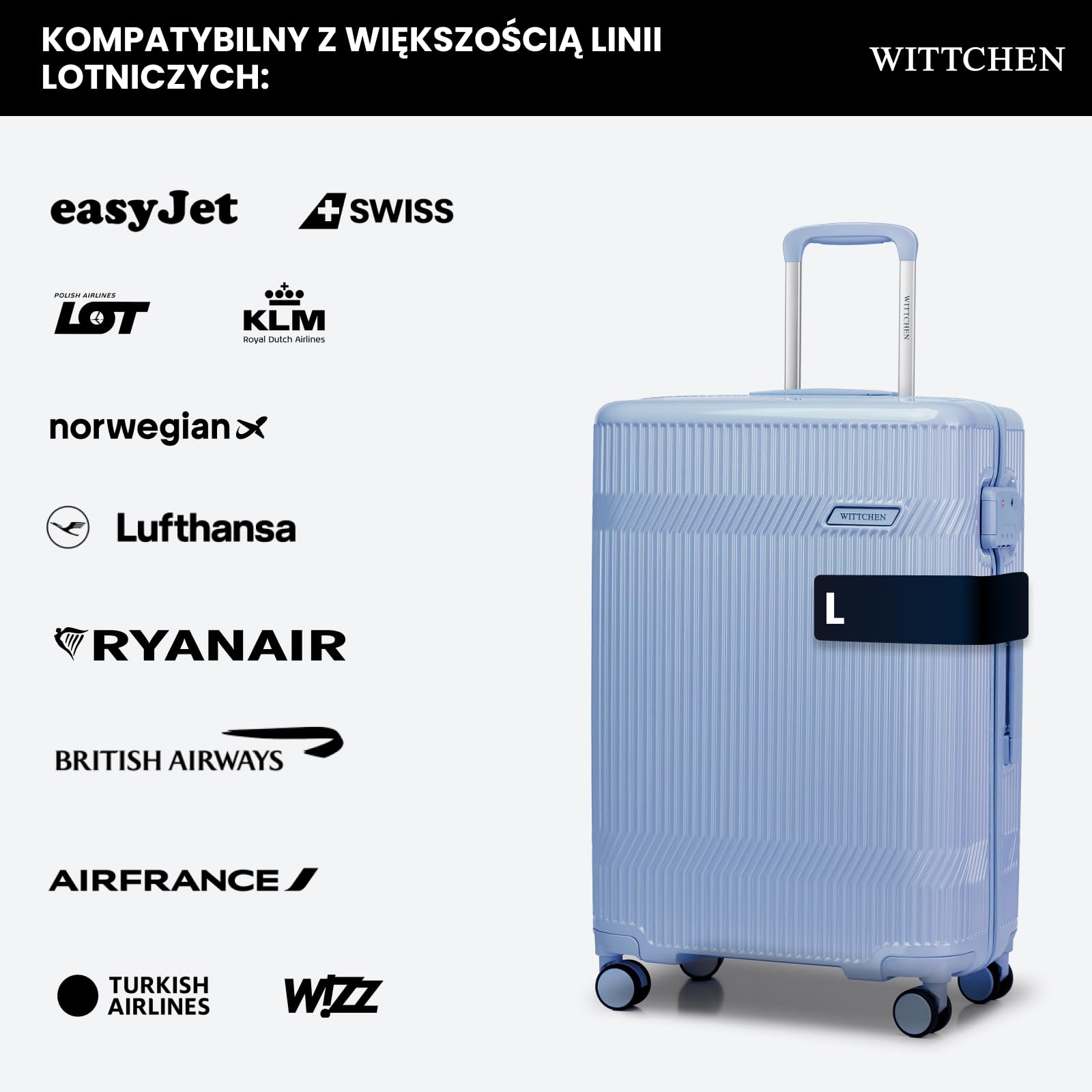 WITTCHEN Średnia walizka z polikarbonu Gloss Line | błyszcząca walizka podróżna z 4 kółkami | Niebieska