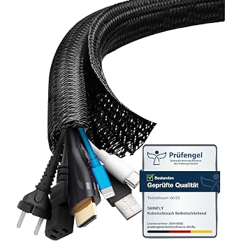 shinfly 13 mm - 3 m Cable Sleeve Self-Closing Black Cable Management Flexible Cable Duct for TV and Computer Hidden Cable Protection and Cable Management