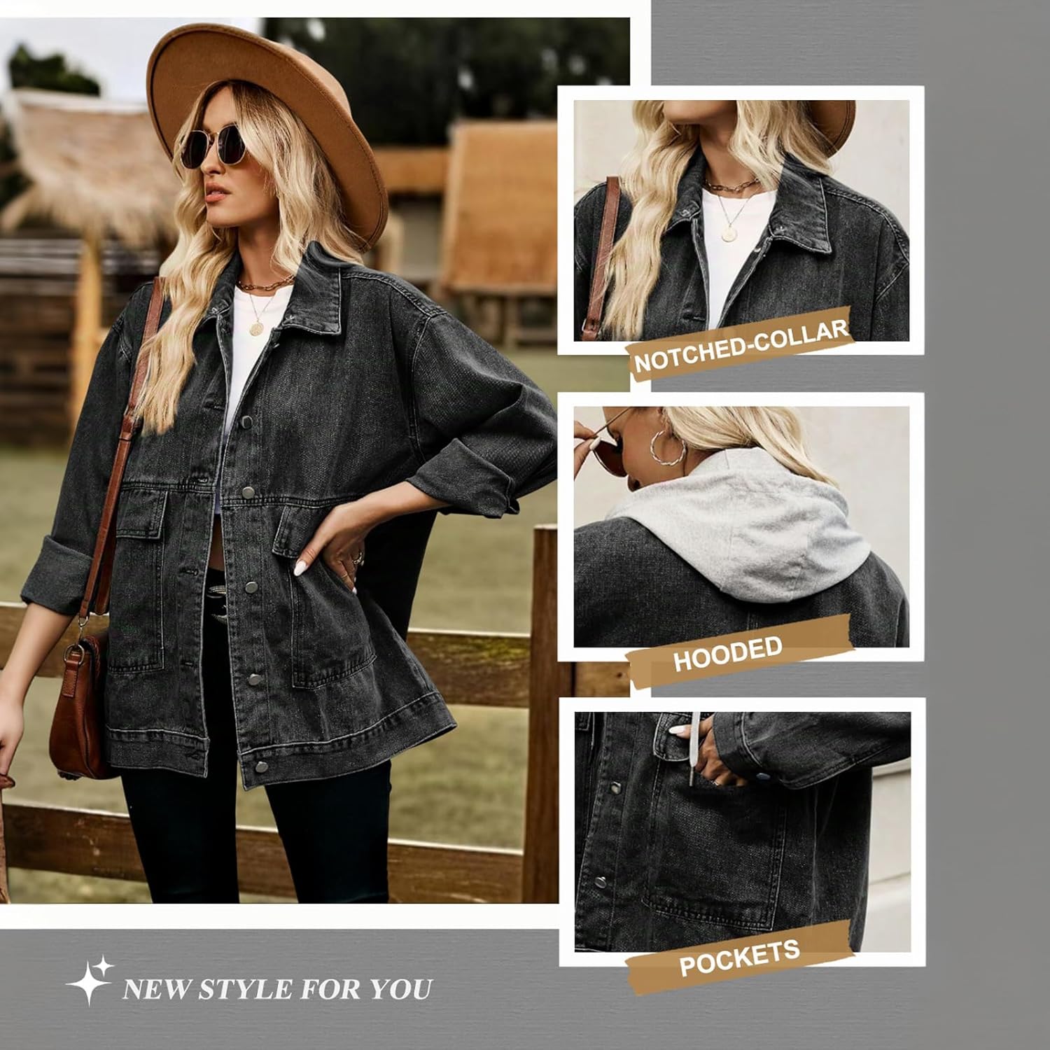Women's Denim Jacket with Detachable Hood Oversized Long Sleeve Jean Jacket Casual Button Down Coats - Image 4