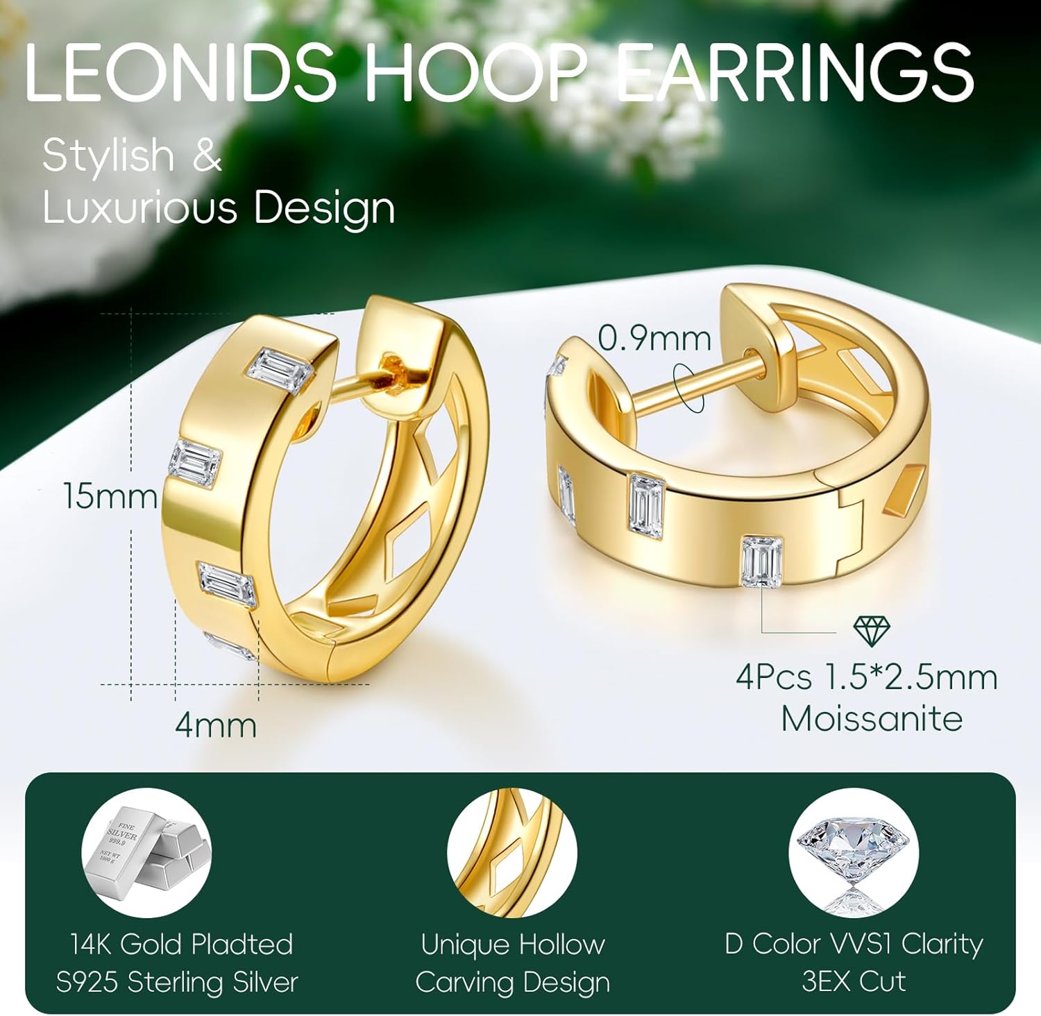 LEONIDS D Color VVS1 Clarity Moissanite Hoop Earrings for Women 14K Gold Plated 925 Sterling Silver Hoops Earring Hypoallergenic Small Moissanite Earrings Birthday Gift for Her - Image 5