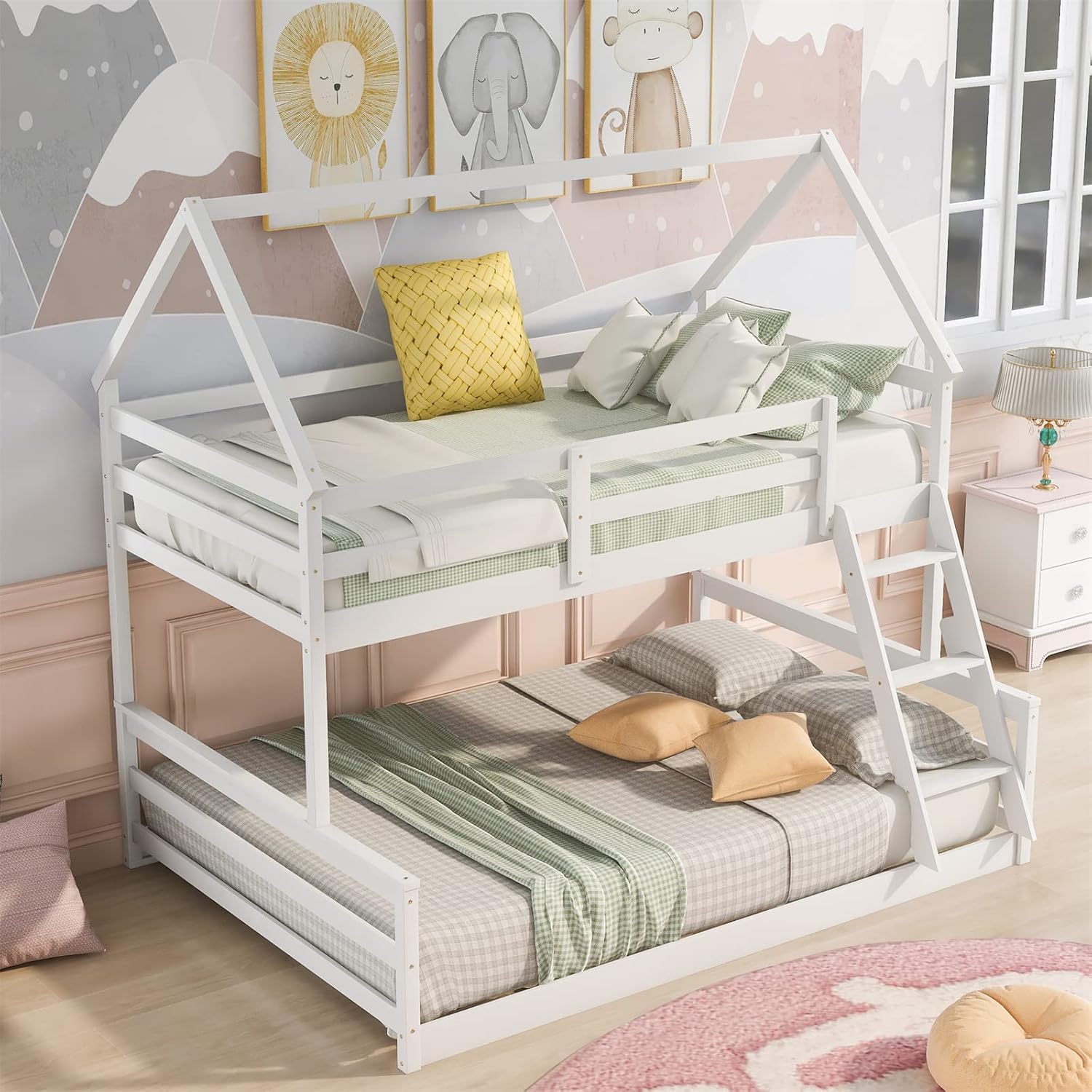 Bellemave House Bunk Beds Twin Over Full Solid Wood Low Bunk Bed for Kids Toddlers Girls/Boys, White