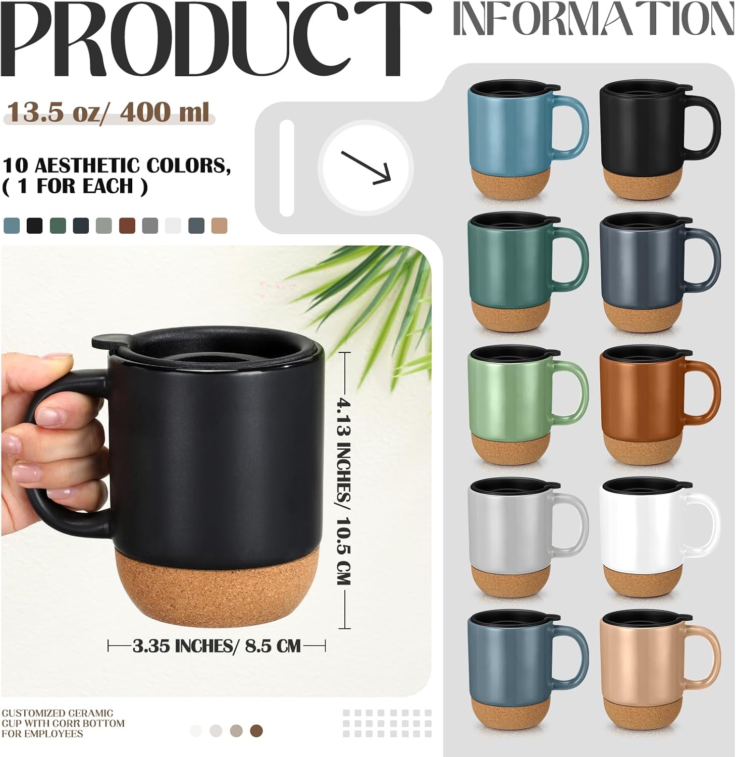 10 Set Ceramic Coffee Mug with Lid Cork Bottom 15 oz Cups with Handle Neutral Color Bulk Coffee Mugs for Employee Team Staff Medical Assistant Nurses Pharmacists Radiology