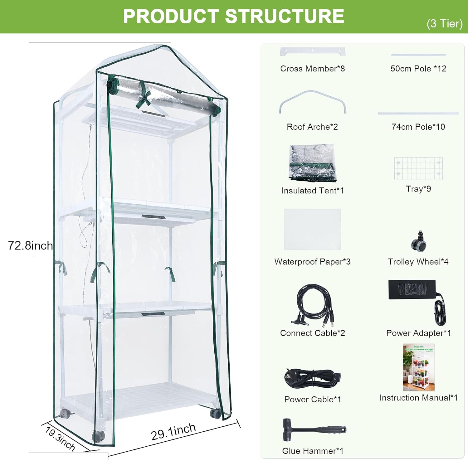 Mini Indoor Greenhouse with Grow Light, 3-Tier Portable Plant Greenhouse Cabinet with Wheels, 36W Full Spectrum LED, Waterproof PVC Tent Cover for Seed Starting, Herbs, Indoor Plants (Clear, 3 Tier)