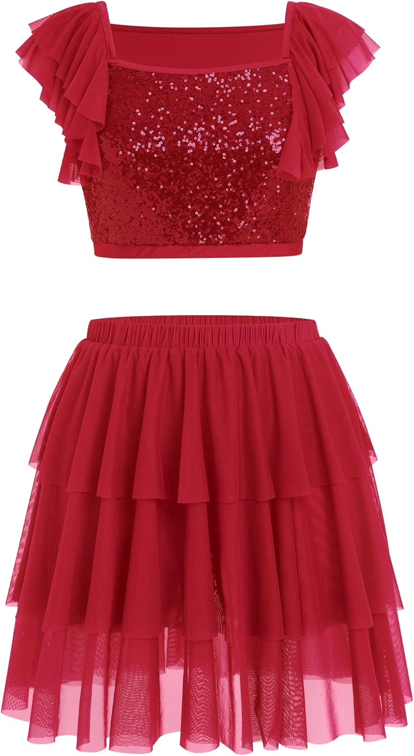 ODASDO Women Lyrical Dance Costumes Sequin Tank Crop Top + Mesh Tulle Leotard Skirt Two Piece Outfit XS-XL - Image 4