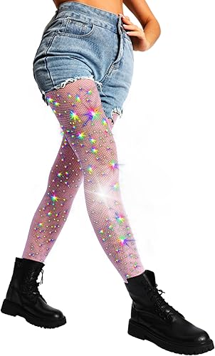 DancMolly Ultra Durable Sparkly Fishnet Stockings High Waist Sparkle Rhinestone Tights Party Concert Outfit for Women 1-2 Pcs
