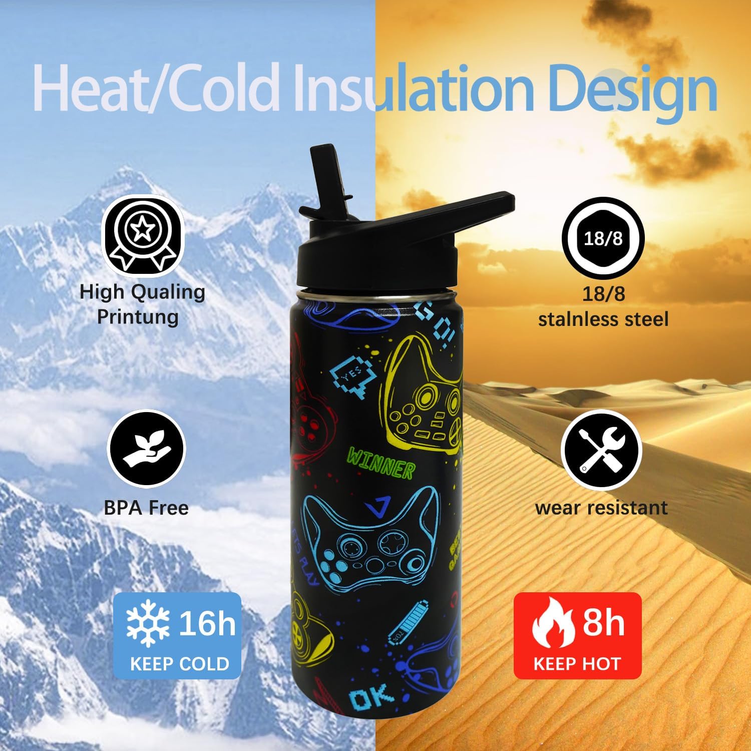 18 oz Gamer Water Bottle with Straw and Lid, Reusable Leakproof Gaming Water Bottle Stainless Steel, Gamer Gifts for Boys, Men - Image 7