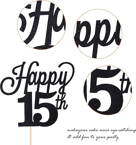 Miniatura 3 de 1 paquete de decoración para pastel de 15 años, purpurina negra número 15, quince cumpleaños, decoración para felicitaciones a 15 años, cumpleaños,