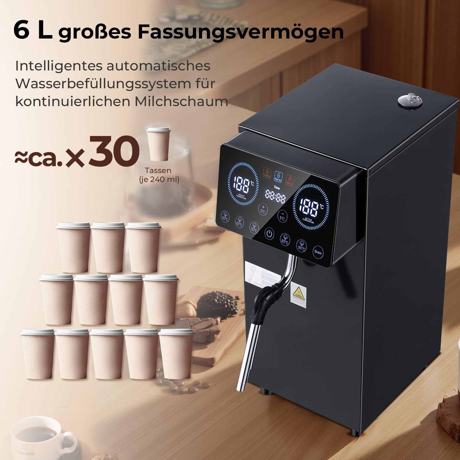 Komercyjny spieniacz do mleka, automatyczna maszyna parowa 1800 W, 6 l/1,6 Gal