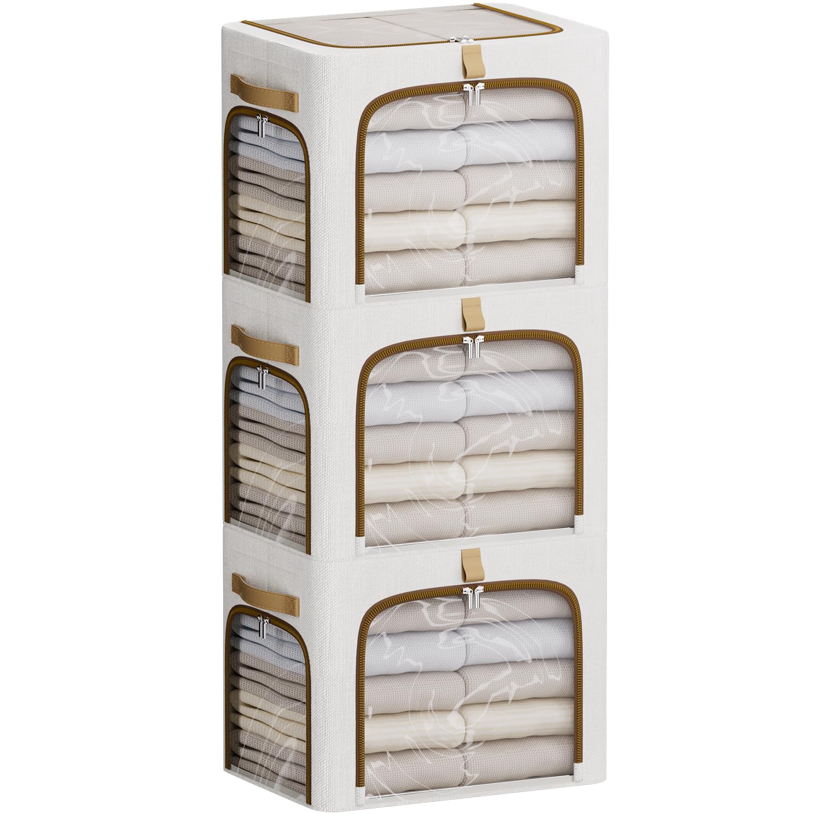 CYhom Contenitori per vestiti con struttura in metallo, 3 aperture per finestre trasparenti, confezione da 3 contenitori pieghevoli per armadio (bianco, 43 L, 43 x 12,6 x 32,6 cm)