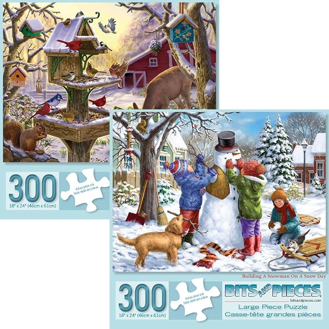 Bits and Pieces - Set of Two (2) 300 Piece Jigsaw Puzzles for Adults - Building Snowman, Sunrise Feasting - 300 pc Winter Snow Jigsaws by Artist Liz Goodrick-Dillon
