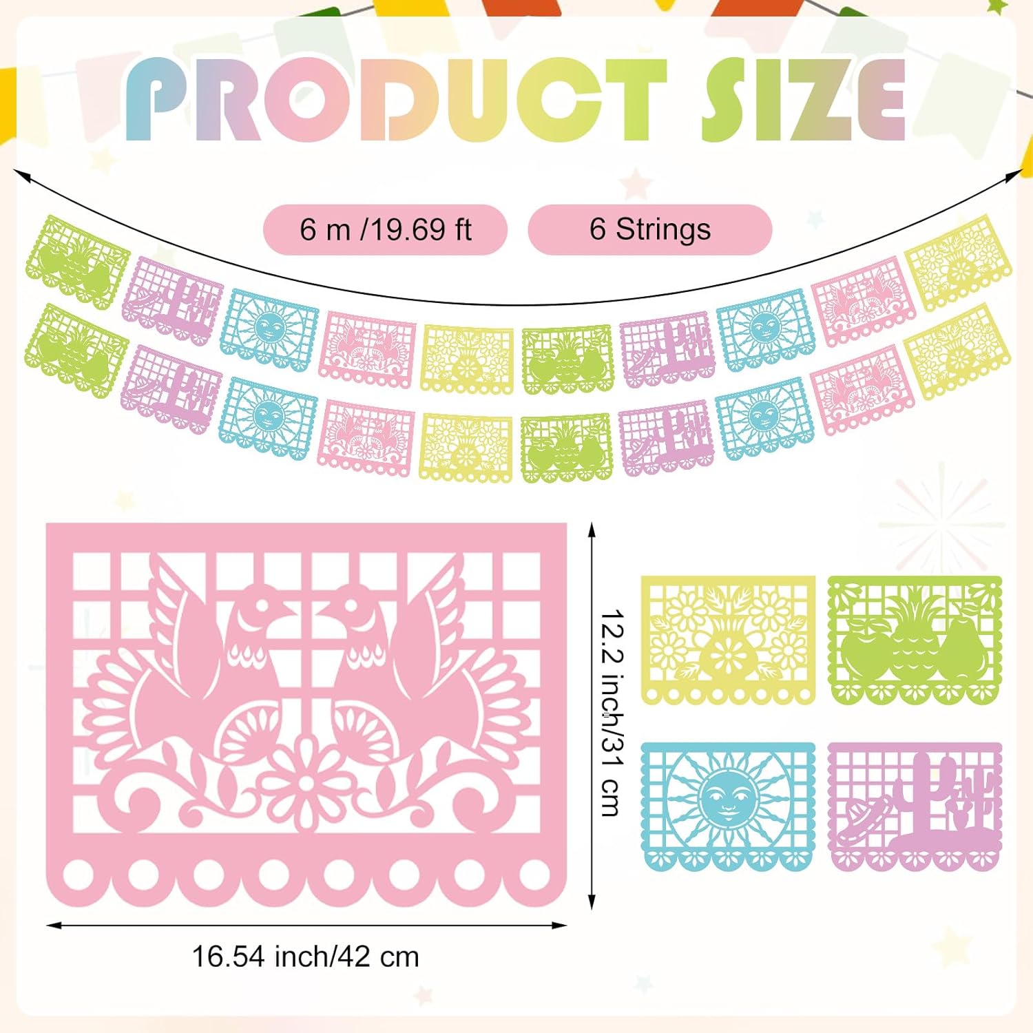 AmazingSpark Pastel Mexican Party Banner Set (6 Pack, 6 x 19.69 ft, Plastic) Pastel Mexican Papel Picado Cielito Lindo Candy Mexico Party Banners Decor for Wedding Birthday Cinco De Mayo Fiestas