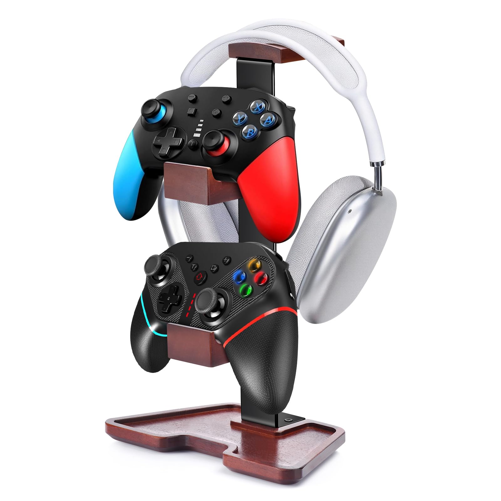 Solid Wood Headphone Stand Controller and Headset Stand Game Controller Holder for Desk Hanger Organizer Gaming Set Up Accessories for Xbox PS4 PS5 Nintendo Switch 3 in 1