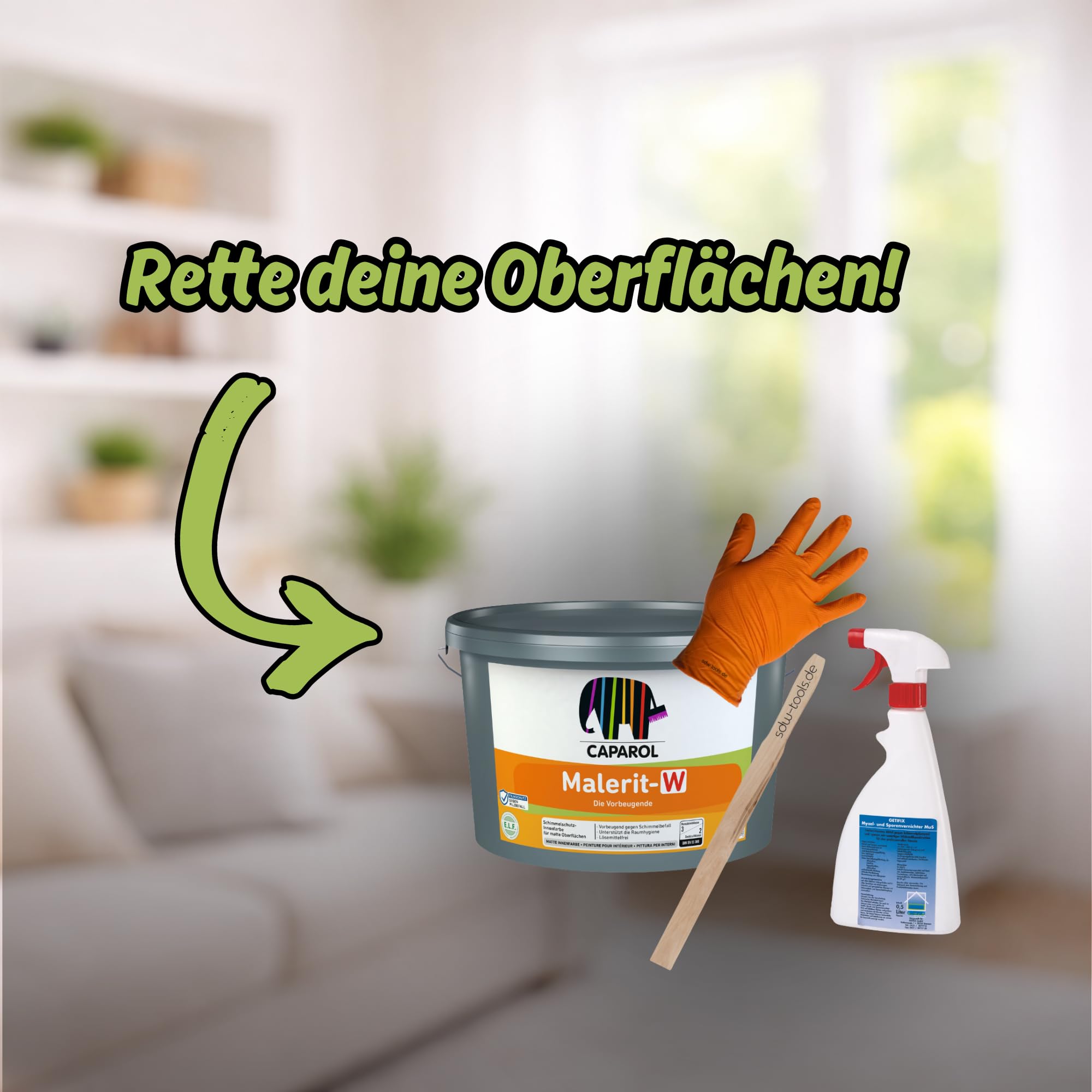 Caparol Anti-Schimmel Farbe Malerit W - weiß 2,5 Liter All in One Set inklusive Schimmelentferner, sdw-tools Rührholz und Nitrilhandschuhe - Saubere Behandlung und deckende Ergebnisse