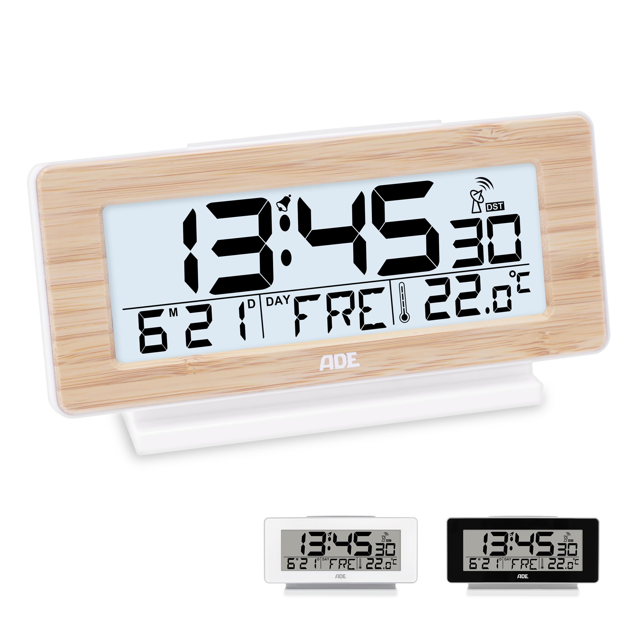 ADE Reloj Despertador Digital con radiocontrol | Despertador Inteligente con Temperatura y Calendario | Reloj Digital de sobremesa | Pantalla LCD con luz | bambú