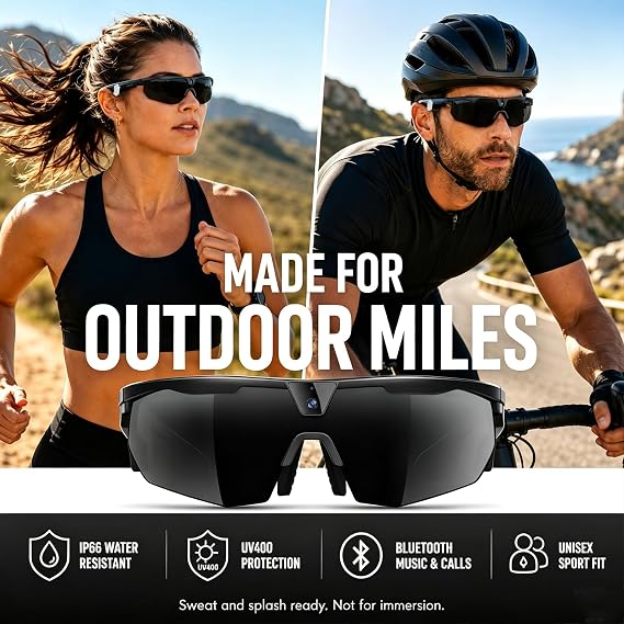 AI Smart Cycling Glasses with Camera, UV400 Polarized Bluetooth Sunglasses