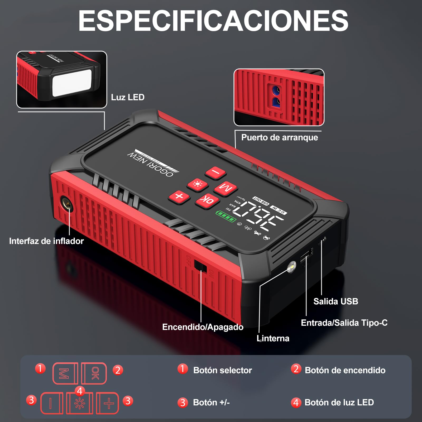 Arrancador de Baterias para Coche 6000A,OGORI NEW Arrancador de Coche con Compresor Aire Portatil(10L de Gasolina/8L de Diésel),Jump Starter con Modo Linterna de 3 LED