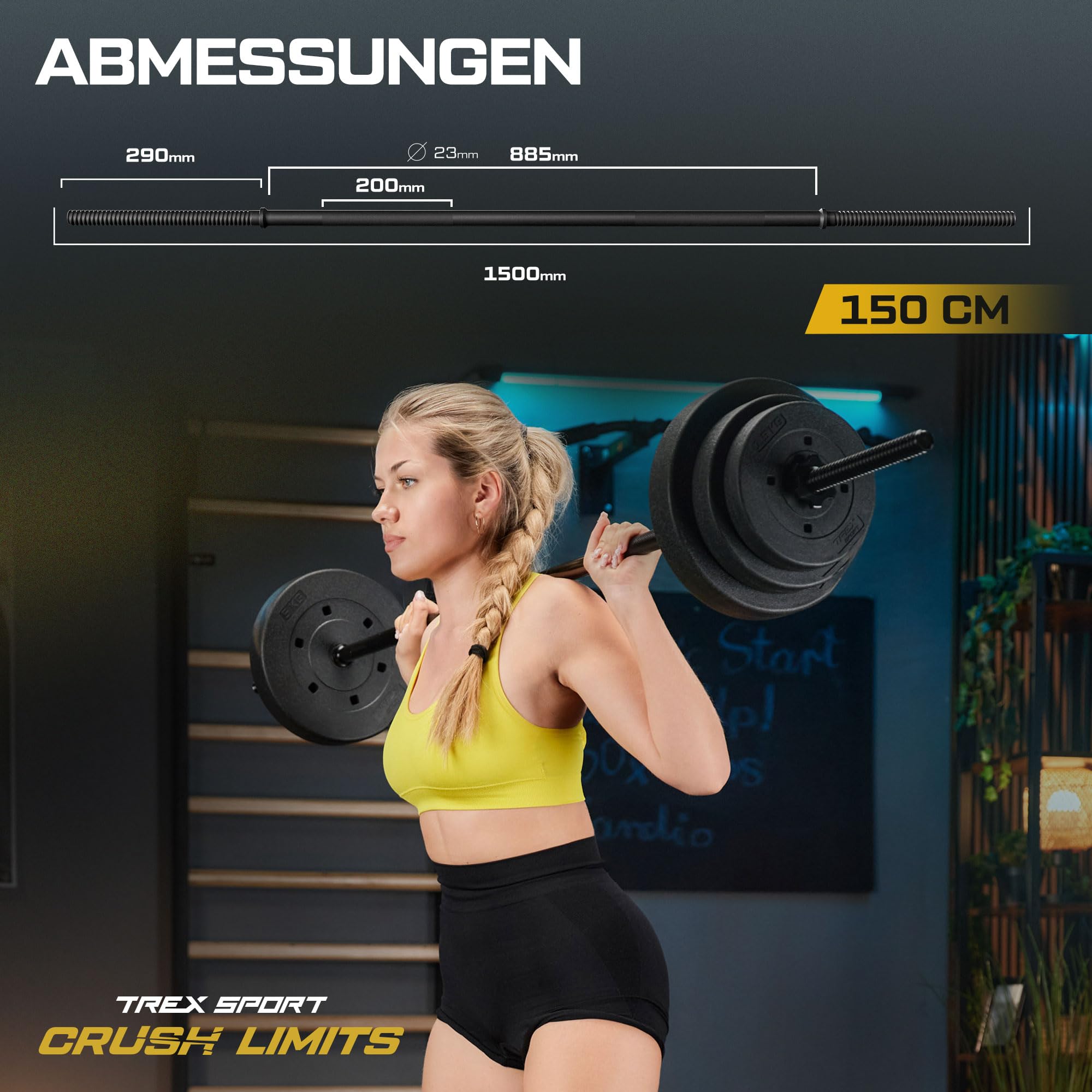 TREX SPORT Langhantelstange 120 cm & 150 cm Hantelstange bis 100 kg 25 mm | Stahl Hantelstange für Krafttraining, Rutschfeste Griffe, Sternverschlüsse