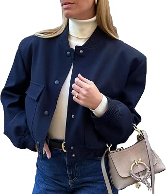 Bozanly Womens Stand Collar Button Down Cropped Shacket Jacket Solid Color Varsity Bomber Jackets 2025