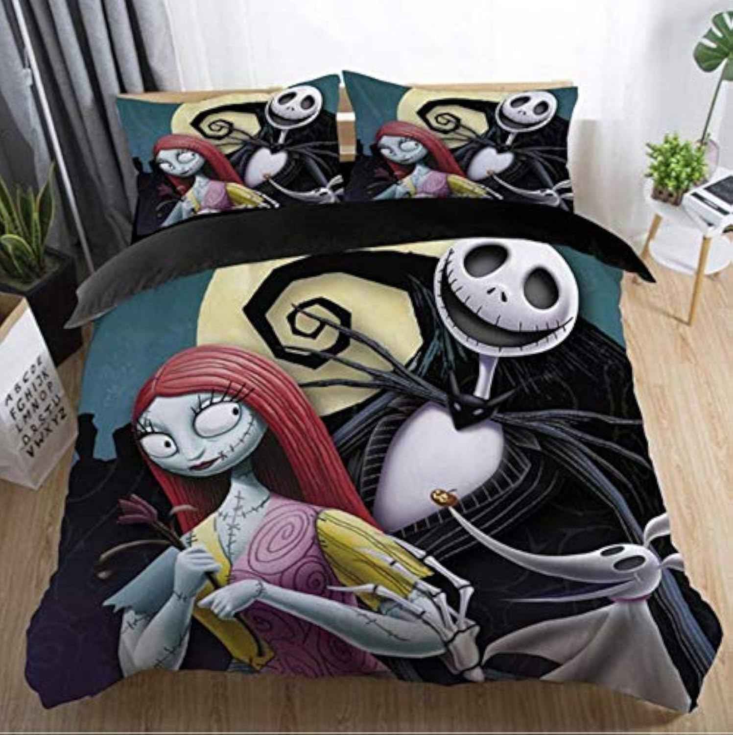 Ankeyoo 3pcs Duvet Cover Sets, Nightmare Christmas Jack and Sally Rose Decor Bedding Set, Home Bedroom Decoration, Microfiber Fabric, No Comforter (Full)