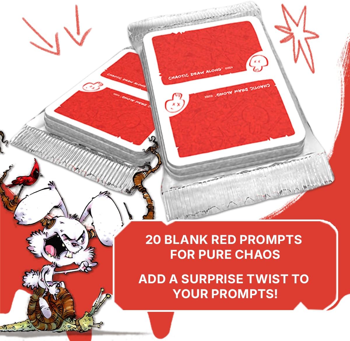Chaotic Draw Along - Booster Pack (20 Chaotic Blank Red Cards) - Prompt Deck Expansion - Creative Art Blanks, Drawing Inspiration, Blank Cards for Your Own Prompts