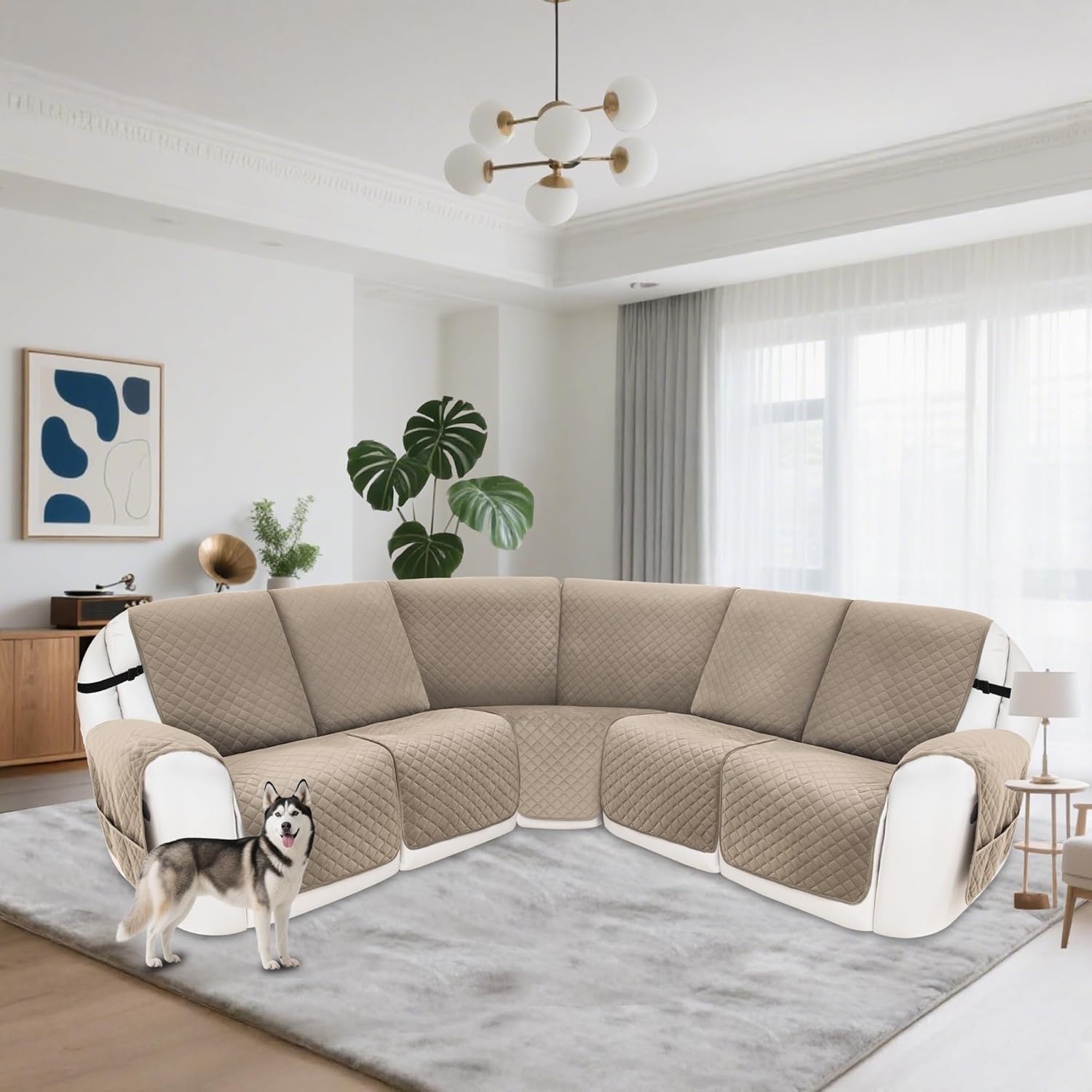 Reclining Sectional Couch Covers 100% Waterproof Velvet L Shape Recliner Sofa Cover for Dogs Pets Washable Anti Slip Recliner Slipcovers with Pockets (5 Seat Sofa, Khaki)