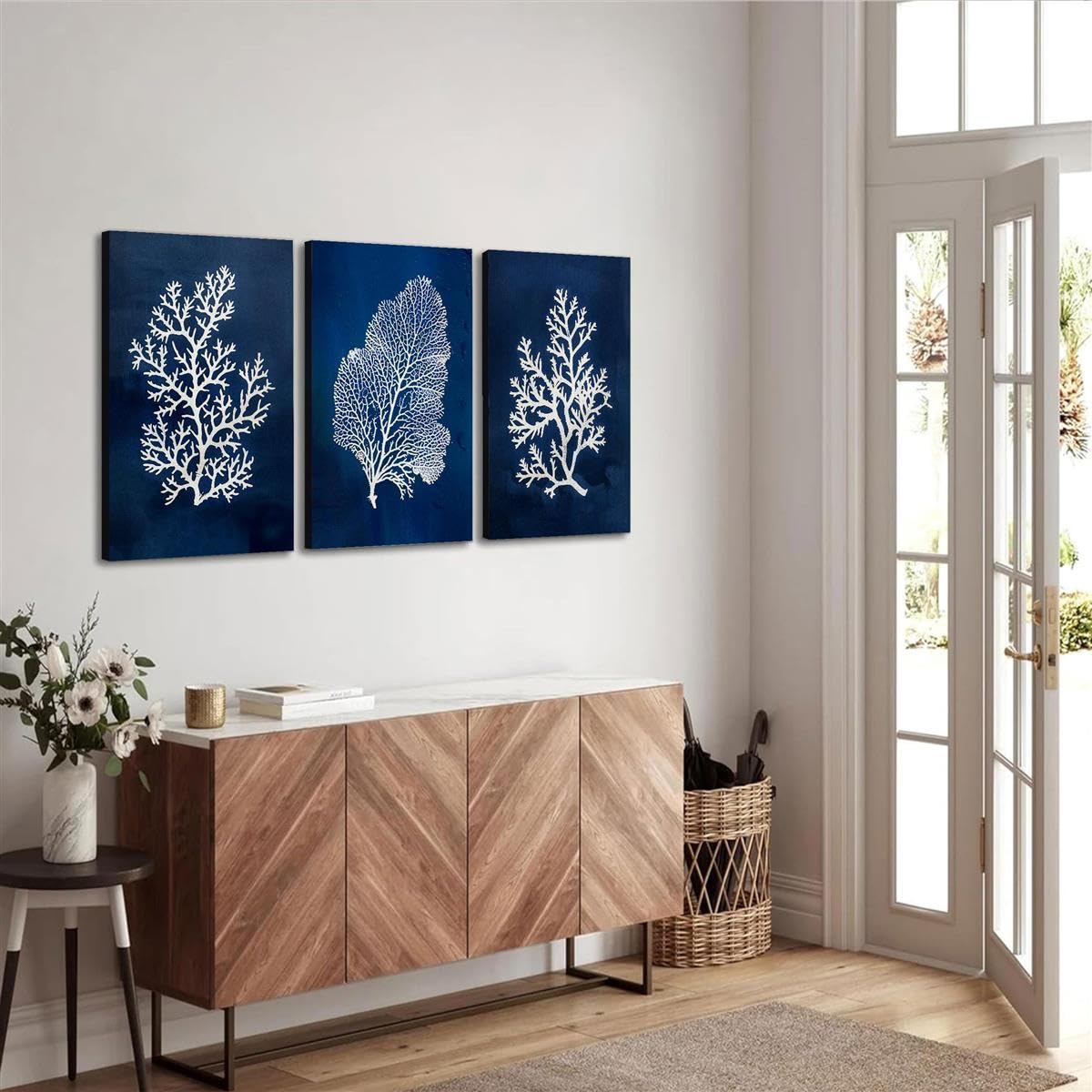 PVPQPR Tableau moderne sur toile bleu marine corail océan,décoration murale de plage en 3 parties pour salon (60 x 90 cm x 3,sans cadre)