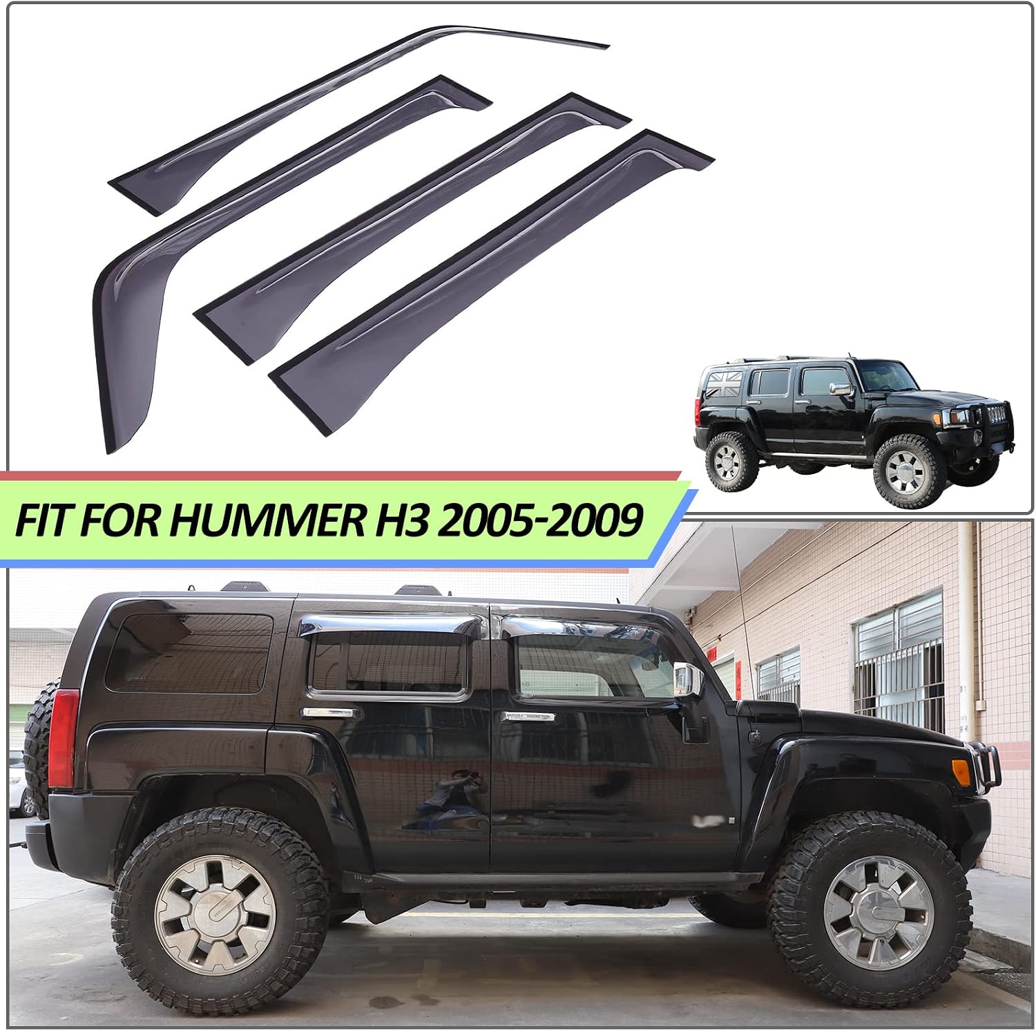in-Channel Side Window Deflectors for Hummer H3 2005 2006 2007 2008 2009 2010 Accessories, Tape-On Smoke Side Window Deflectors, Outside Car Door Window Visor Kit, Rain Guards Mount, ABS