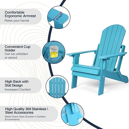 Miniatura 5 de Silla Adirondack plegable, sillas de plástico resistentes a todo tipo de clima, con soporte para tazas, se pliega o despliega fácilmente en 1