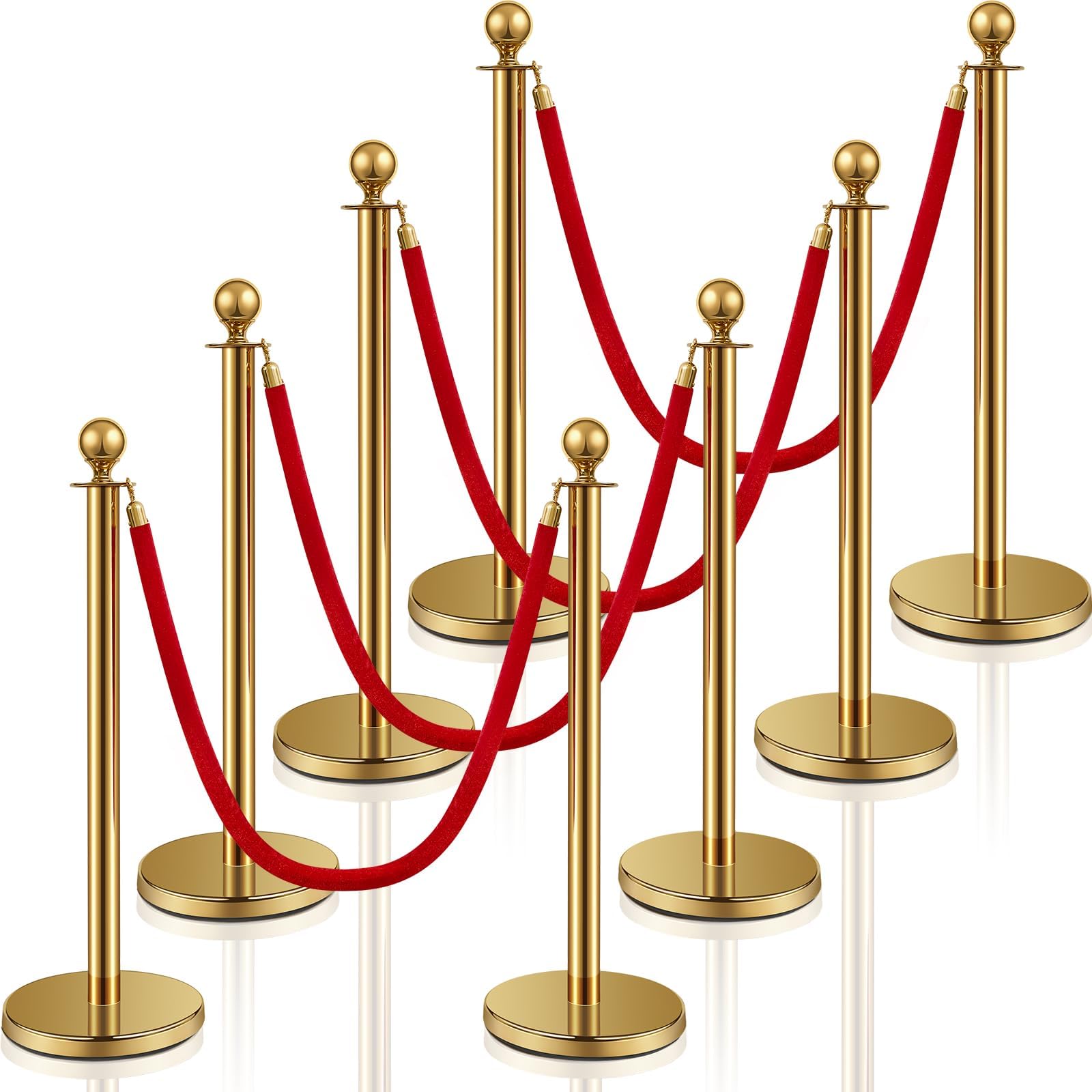 Stainless Steel Stanchion Post Queue 5 ft Red Velvet Rope Red Carpet Ropes and Poles Crowd Control Barriers Sand Injection Hollow Base and Velvet Ropes Set for Party Supplies (8 Pieces, Gold)