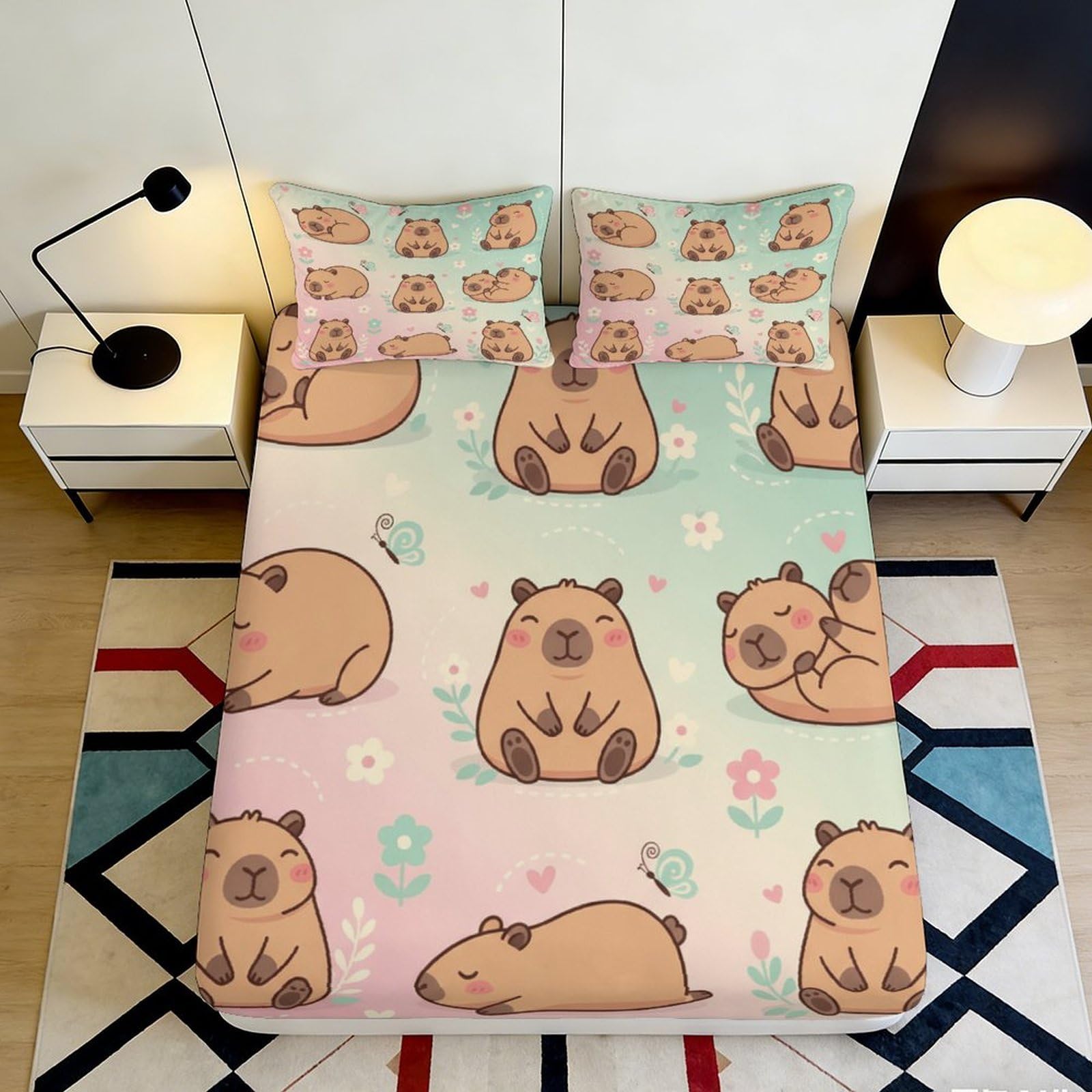 Pnayamiorkfel Style-5 3D Printed Cute Capybara Fitted Sheet Microfiber Pastel Animal Bed Cover For Bedroom Guest Room Dorm Decor 90X200x25cm