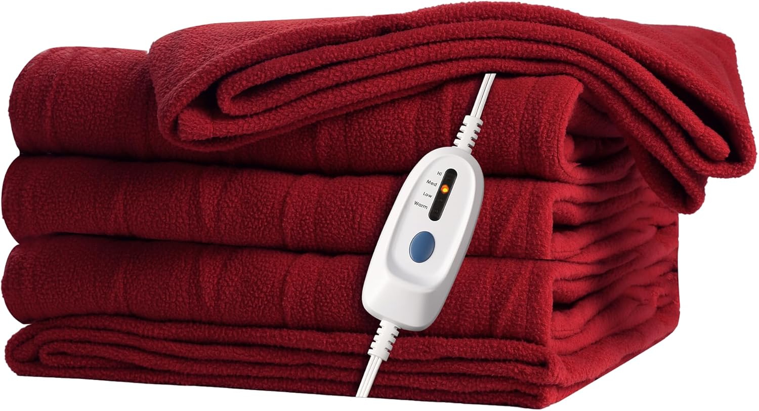 McJaw Electric Heated Blanket 72″x 84″ Full Size, 4 Heating Levels and 10-Hour Auto Off, Lightweight and Breathable – Burgundy