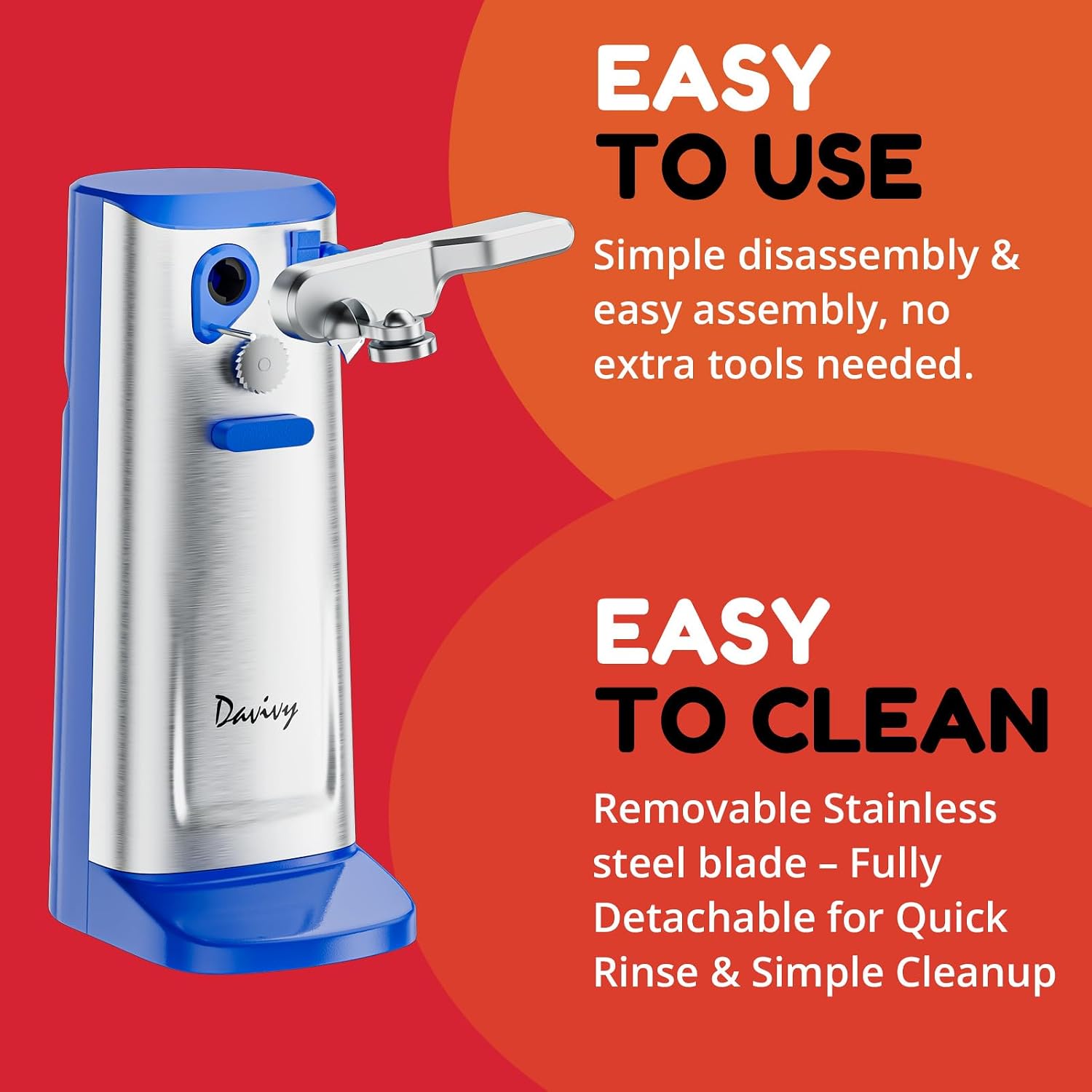 Davivy Electric Can Opener,Stainless steel Can Opener with Opener Knife Sharpener and Cord Storage,Automatic shut off, Blue