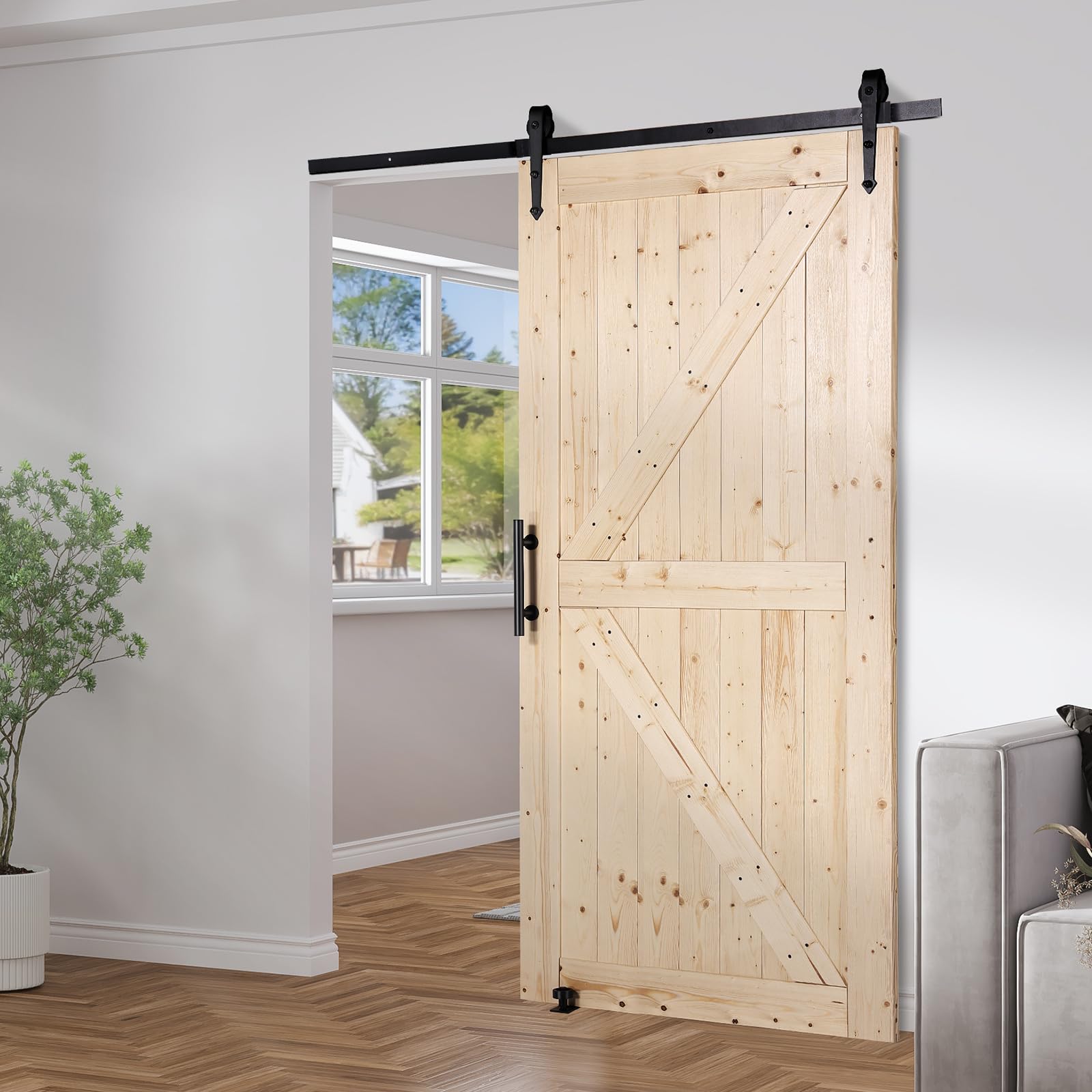 VEVOR Kit de Herrajes y Puerta de Granero Puerta Corrediza de Madera de 1066,8 x 2133,6 mm Kit de Puerta de Granero con Guía de Piso 8 en 1 y Manija de Puerta Losa con Paneles de Madera de Abeto