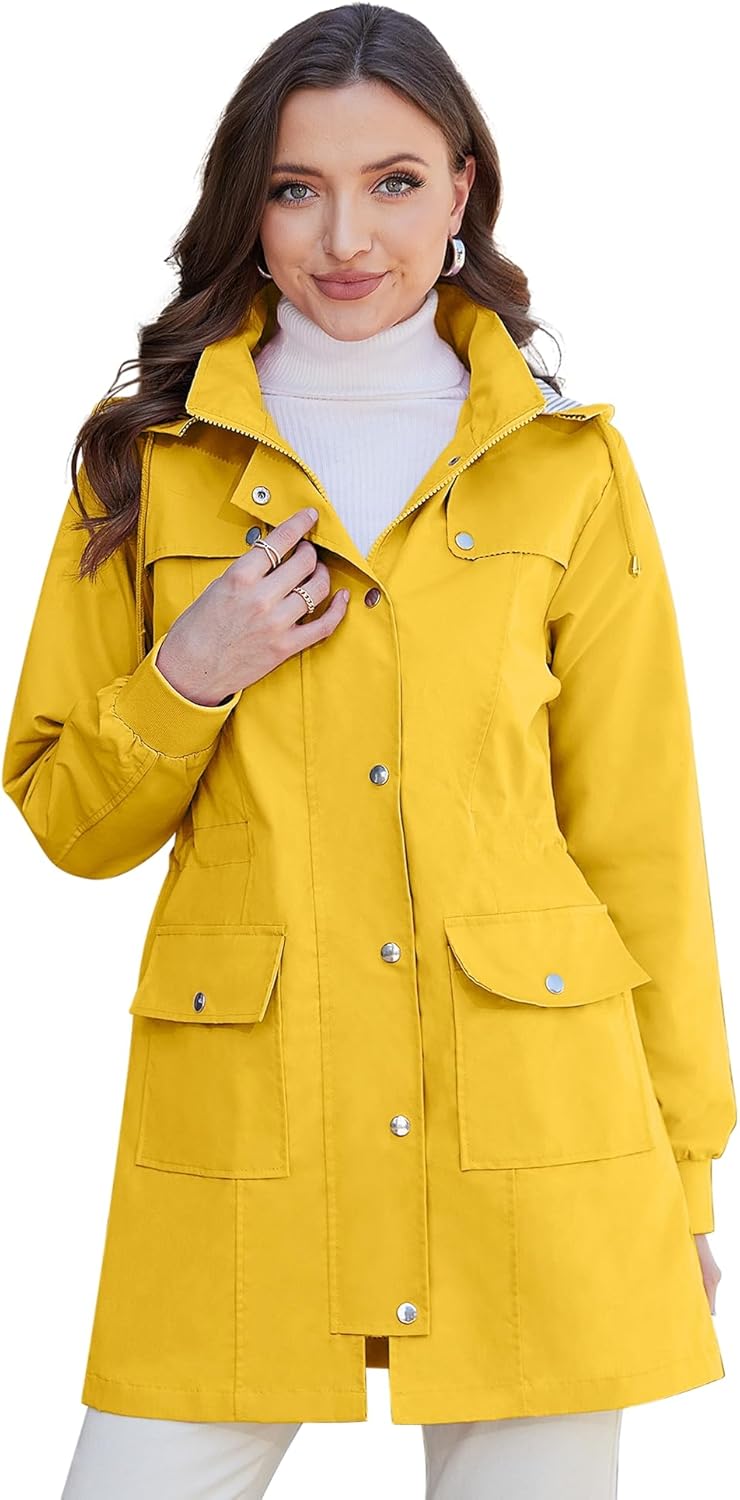 Bloggerlove Raincoat Women Hooded Outdoor Rain Jacket Lightweight Windbreaker Lined Trench Coat Yellow L - Image 4