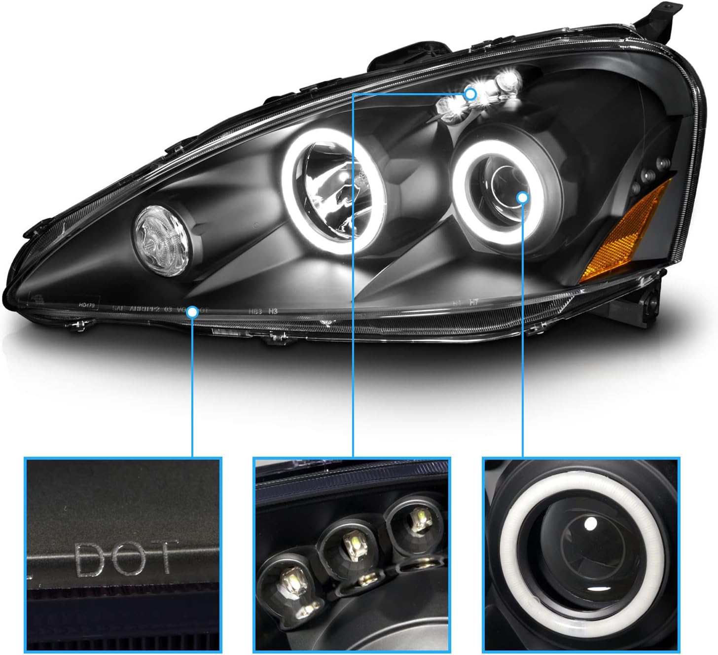 AmeriLite for 2005-2006 Acura RSX Dual Xtreme LED Halos Black Replacement Projector Headlights Pair - Passenger and Driver Side
