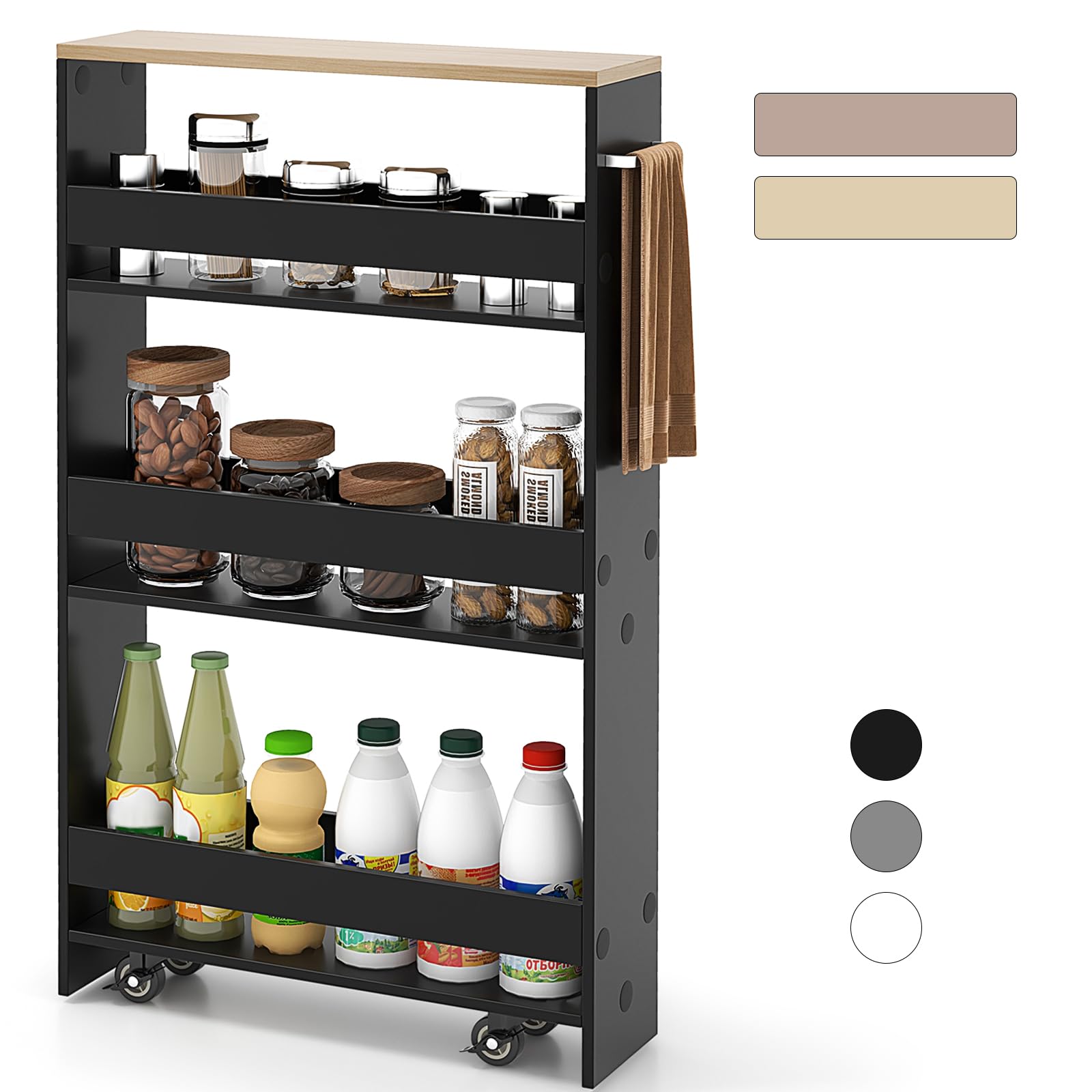Giantex Chariot de Rangement 13 cm Large, Desserte à roulettes 4 Niveaux avec Poignée, 3 Barres, Meuble Cuisine Etroit, pour Salle de Bain, Salon, 47,5 x 13 x 80,5 cm (Noir+ Naturel)
