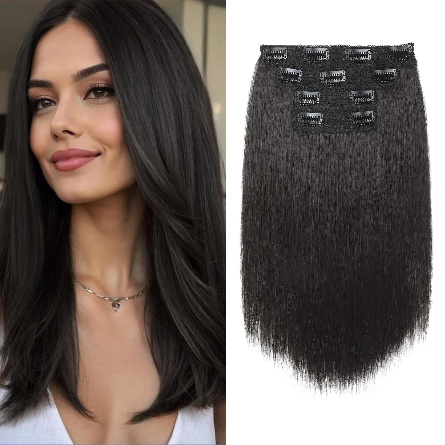 Hair Extensions, 14″ Short Clip in Hair Extensions 4PCS Straight Black Brown Hair Extensions Natural Soft Synthetic Hairpiece for Women – Black Brown