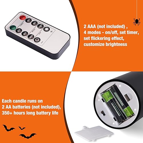 Miniatura 3 de Velas de pilar sin llama con parte superior plana negra con control remoto, cera real parpadeante, funciona con pilas, velas LED góticas  3 pulgadas