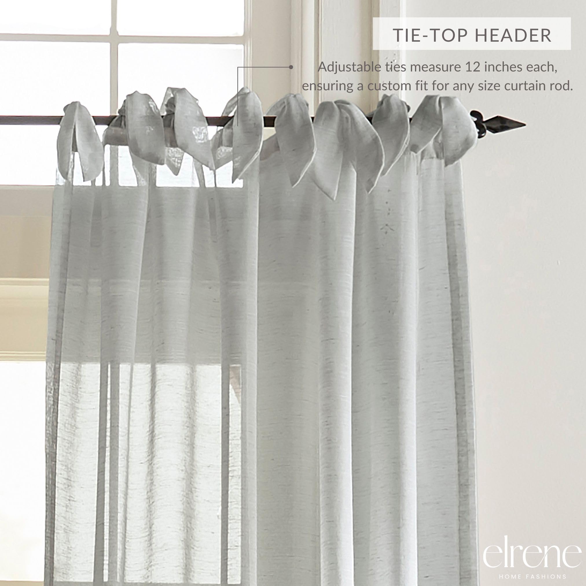 Elrene Sheer Tie-Top Window-Curtain Panel, Linen, Dusty Blue, 52" W x 84" L (Pack of 1), W 52" x L 84" (1 Panels) - Image 2