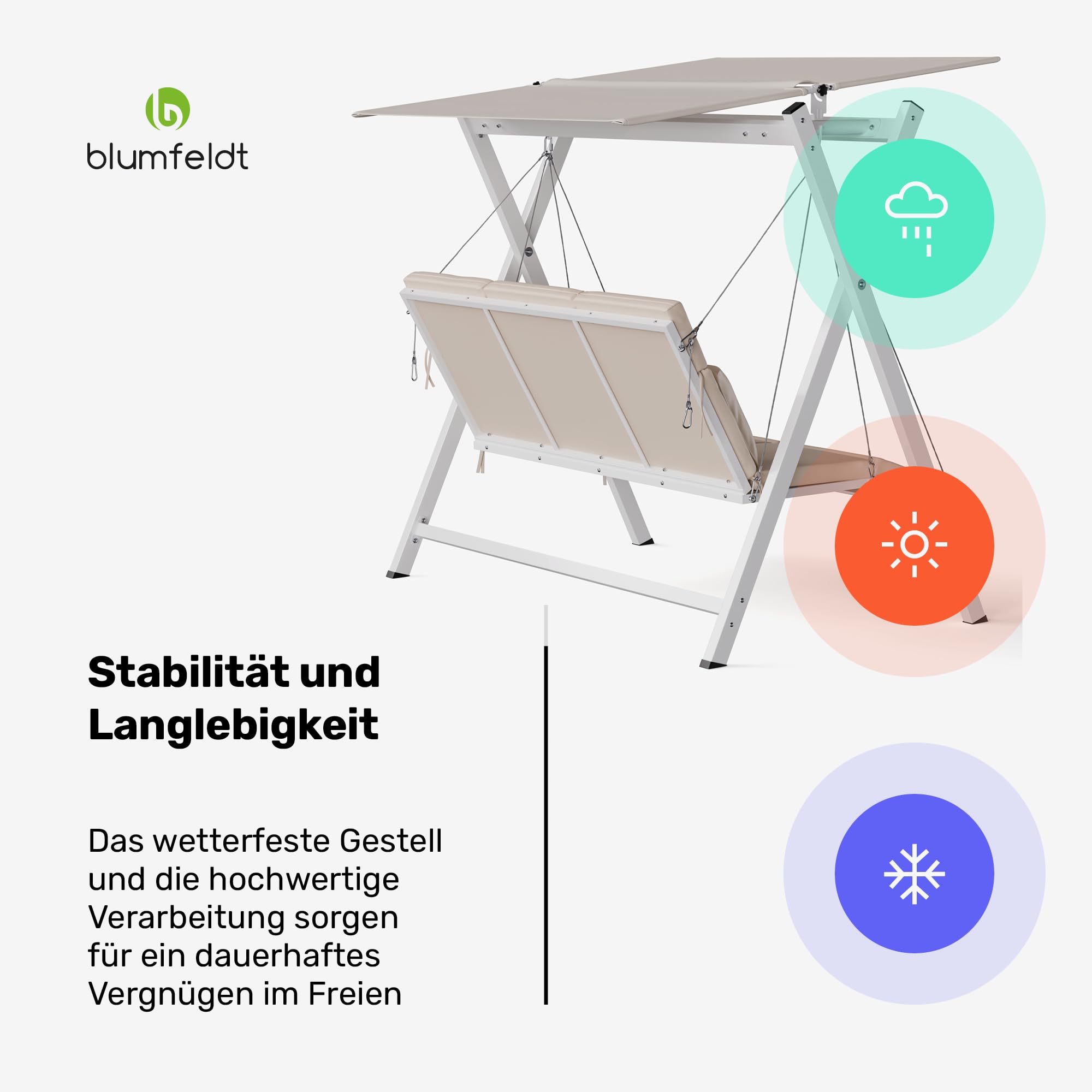 blumfeldt FlexiSwing Hollywoodschaukel 3-Sitzer – Verstellbare Rückenlehne & Sonnendach, 240 kg Belastung, Wetterfester Stahlrahmen, Inklusive Kissen, Gartenschaukel