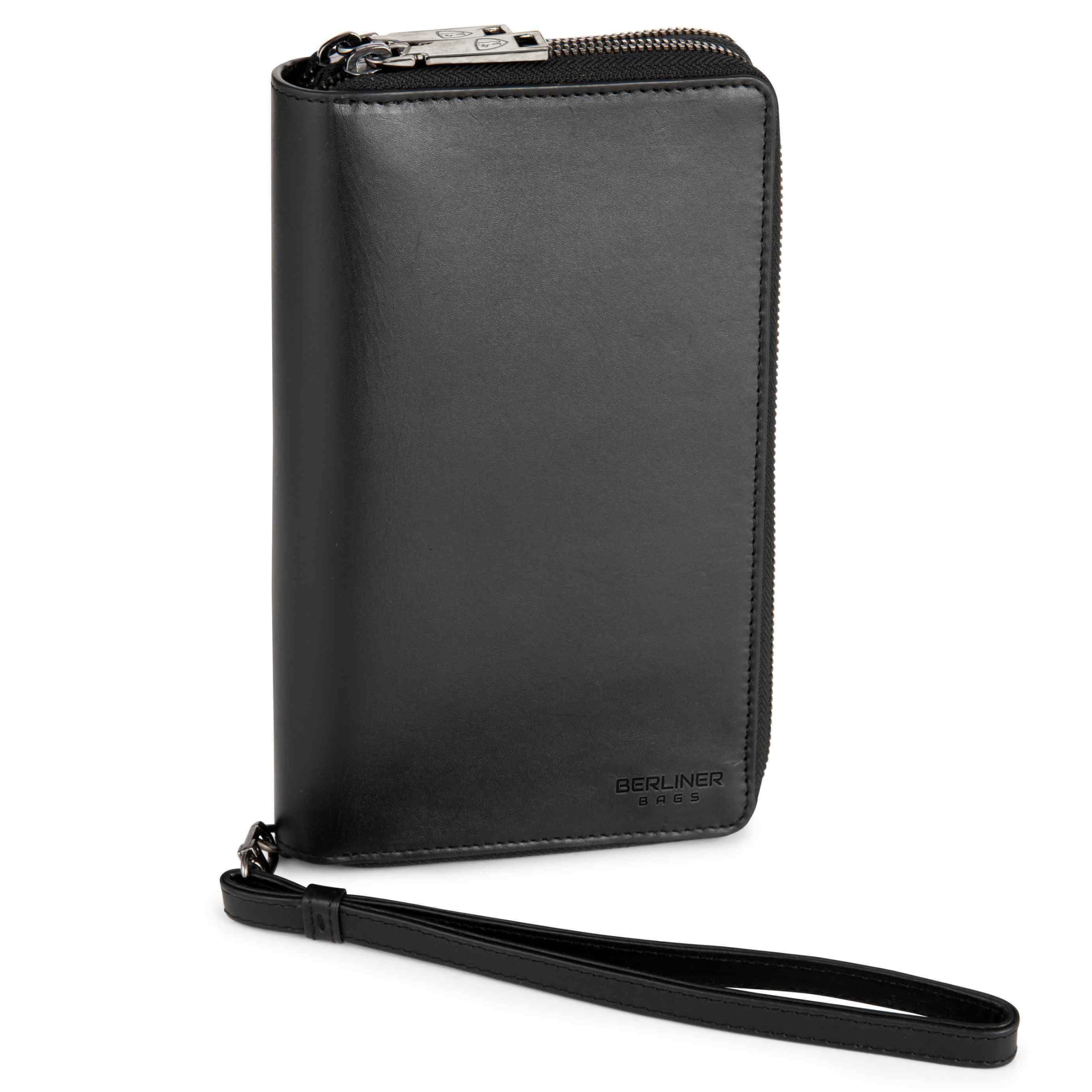 Berliner Bags Dallas Cartera XL Organizador de Viaje de Cuero Hombre RFID | Negro Billetera De Piel Auténtica 26 Tarjetas Monedero Con Cremallera Correa Muñeca Bucle Bolígrafo Protección Nfc Elegante