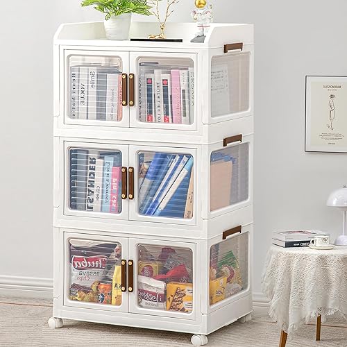 Storage Cabinet with Doors 3PACK 69 Gal, Stackable Storage Bins with Lids,Collapsible Storage Bins with Wheels,Foldable Organization and Storage