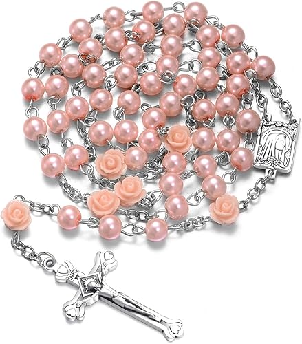 Miniatura 2 de SZQCZB Rosario - Collar católico con medalla del suelo sagrado Crucifijo con caja de metal y 18 tarjetas de oración